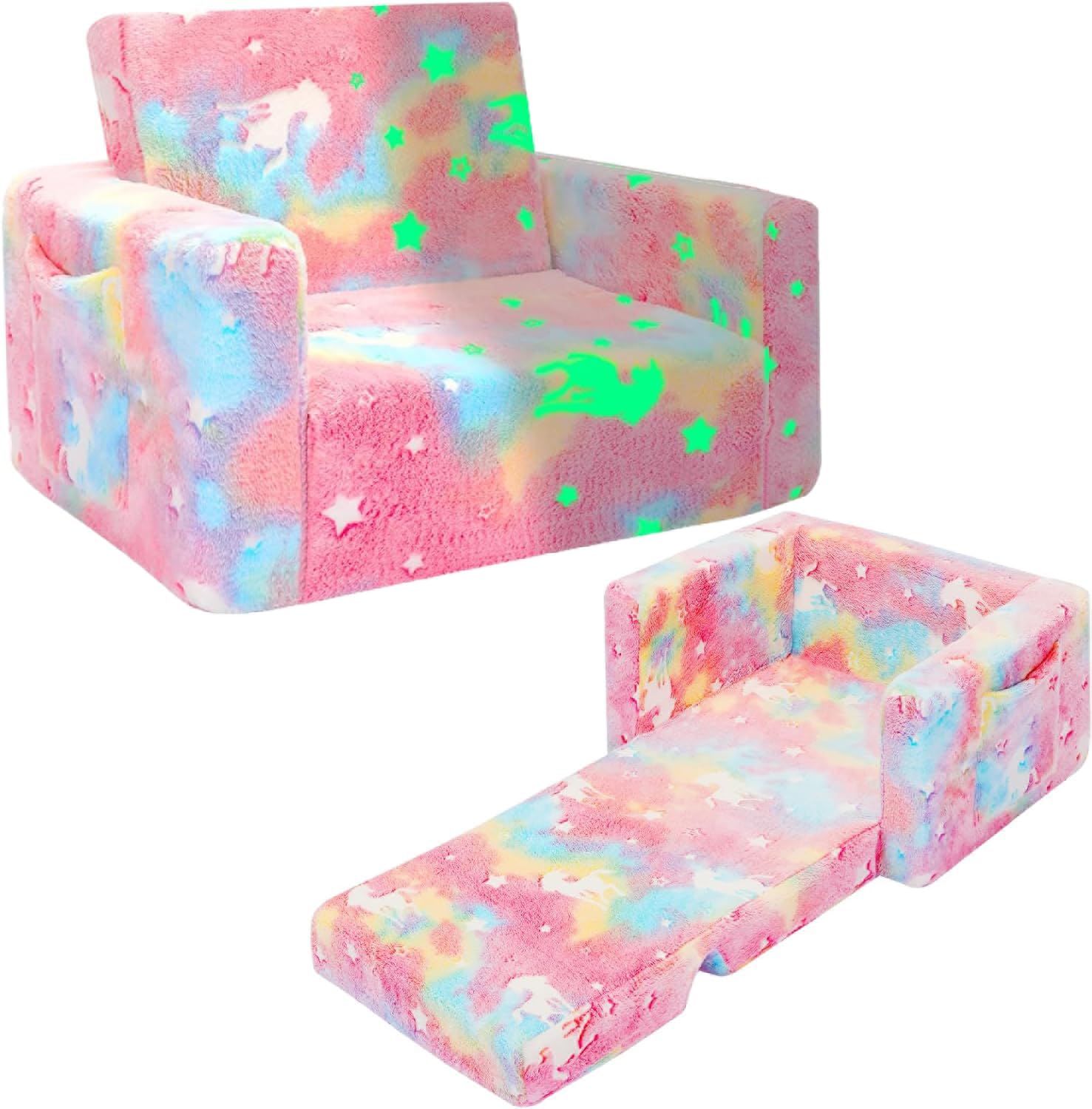 SLIGUY Toddler Couch, Kids Couch, Sofa for Toddler,Fold out Kids Sofa Chair, Toddler Convertible Sofa to Lounger Pull Out Couch, Unicorn Glow in the dark Sofa Chair for boys and girls (Large) โ image 1
