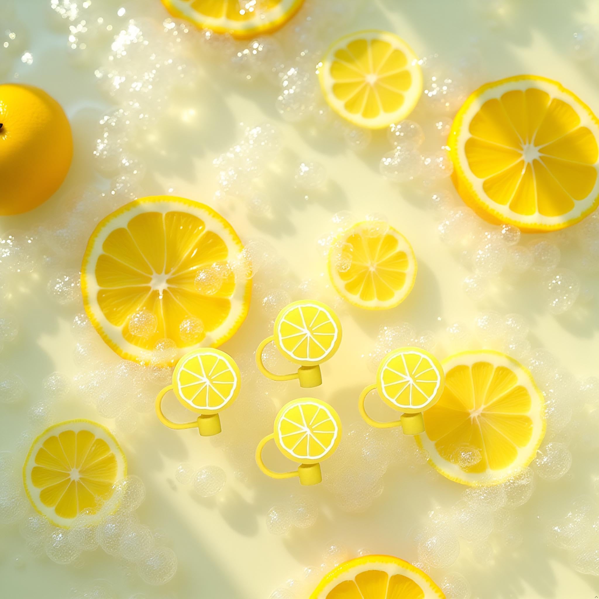 4 pajitas de limón amarillo, tapas reutilizables de silicona para popote, tapas para beber tapas antipolvo para tapones lindos, tapas de popote, cubierta desechable (6-8 mm)