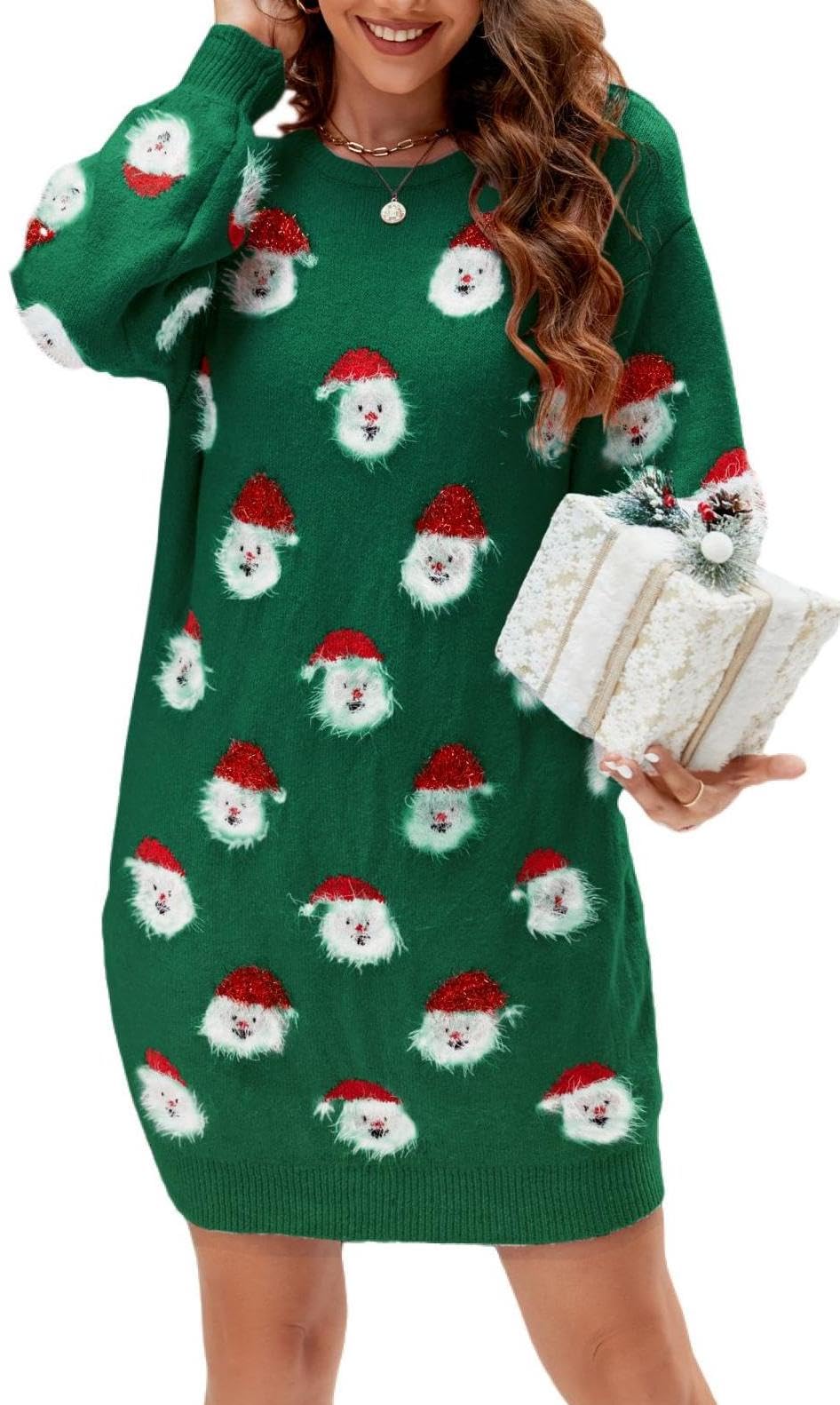 LUBOT Ugly Christmas Sweaters Dress for Women Cute Fuzzy Funny Wintertime and Holiday Parties Knitted Pullover Sweater Santa