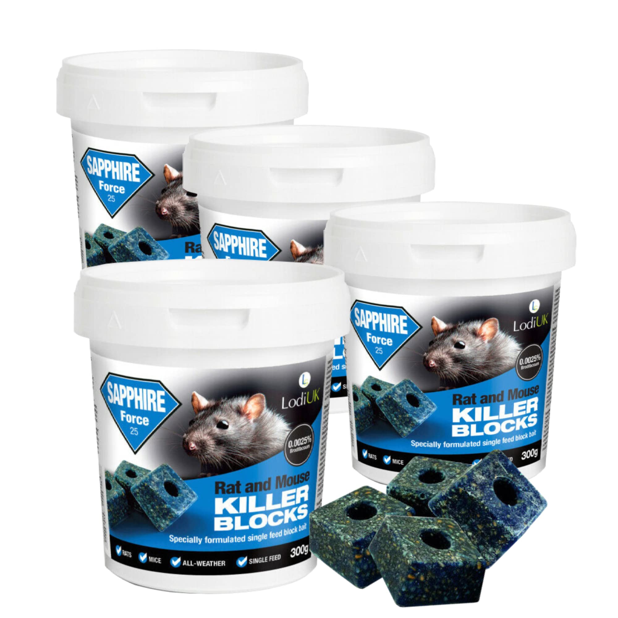 Rat & Mouse Poisoning Blocks Max Strength Bait Blocks Single Feed Rodent Killer Block Fast Acting All Weather Sapphire BLOKS - Pack of 4.