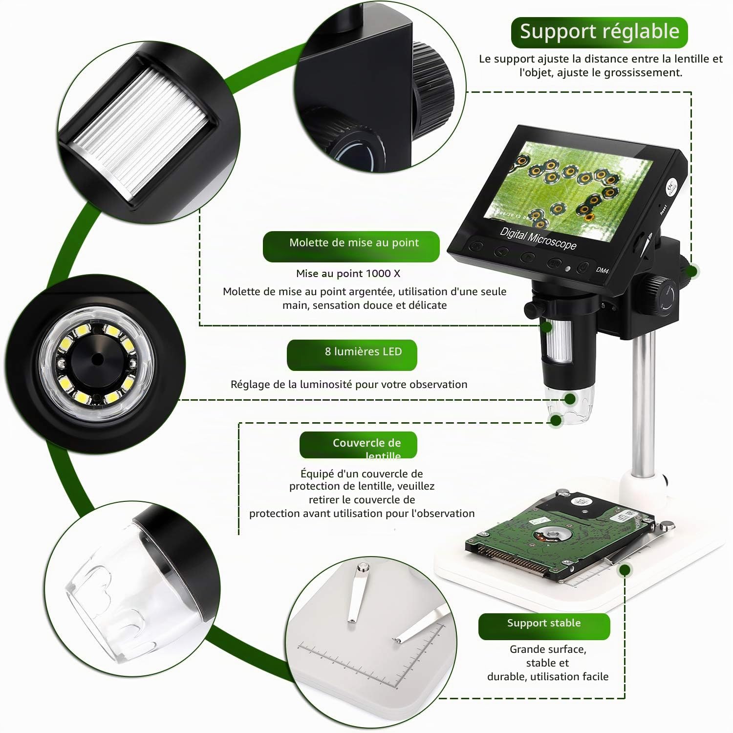 WADEO Microscope Numérique avec Écran LCD 1000 x 10,9 cm - Loupe Vidéo Électronique USB avec 8 Lumières LED Réglables et Rechargeables - Support en Métal pour Enfants et Adultes