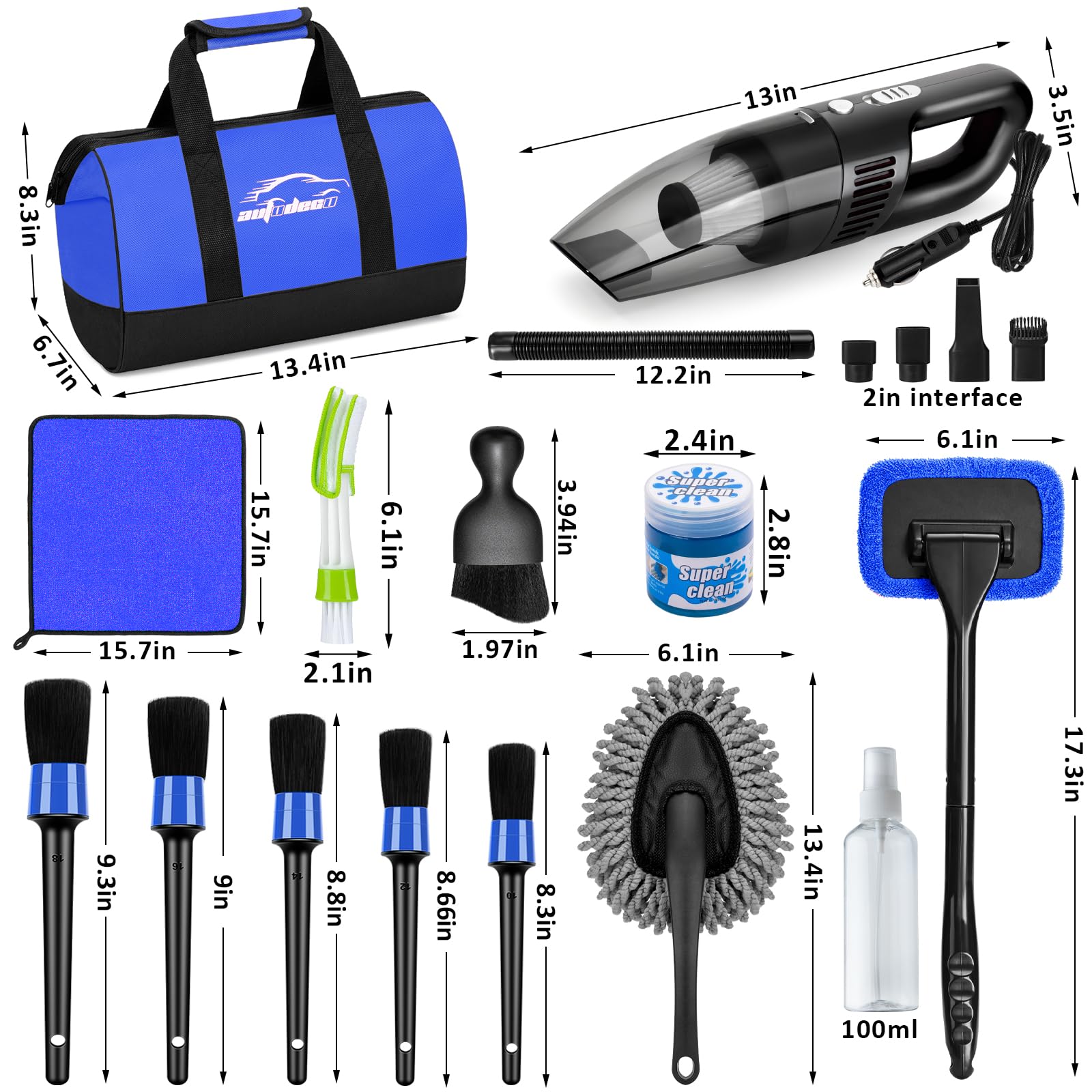 Kit di pulizia per auto, kit per la pulizia degli interni dell'auto, con aspirapolvere portatile ad alta potenza, set di spazzole, strumento per parabrezza, spolverino, asciugamani, strumenti