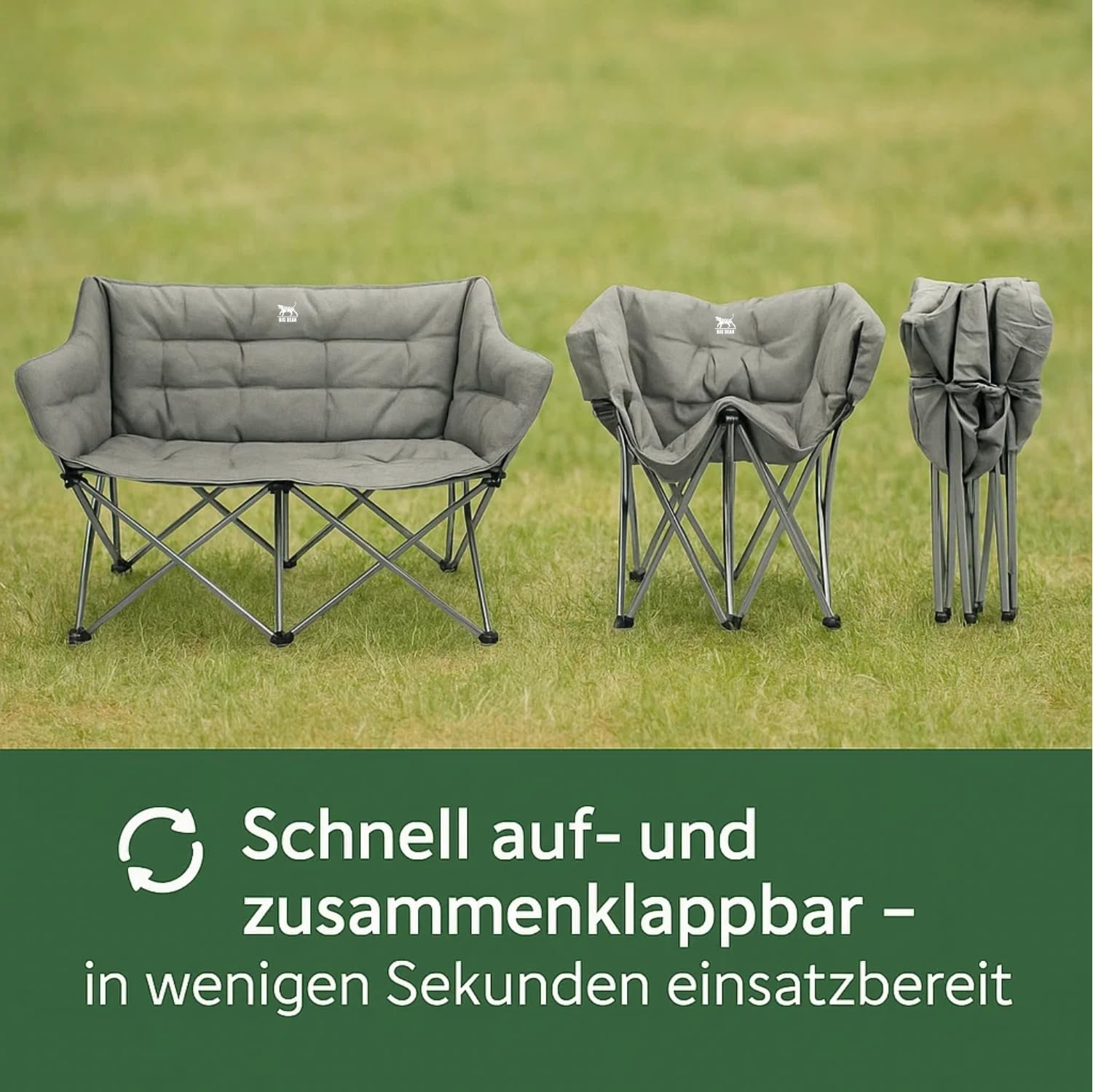 BigDean Campingstuhl faltbar 2 Personen bis 300kg gepolstert Camping Sofa | faltbar, Seitentasche, hochwertiges Campingsofa inkl. Tragetasche