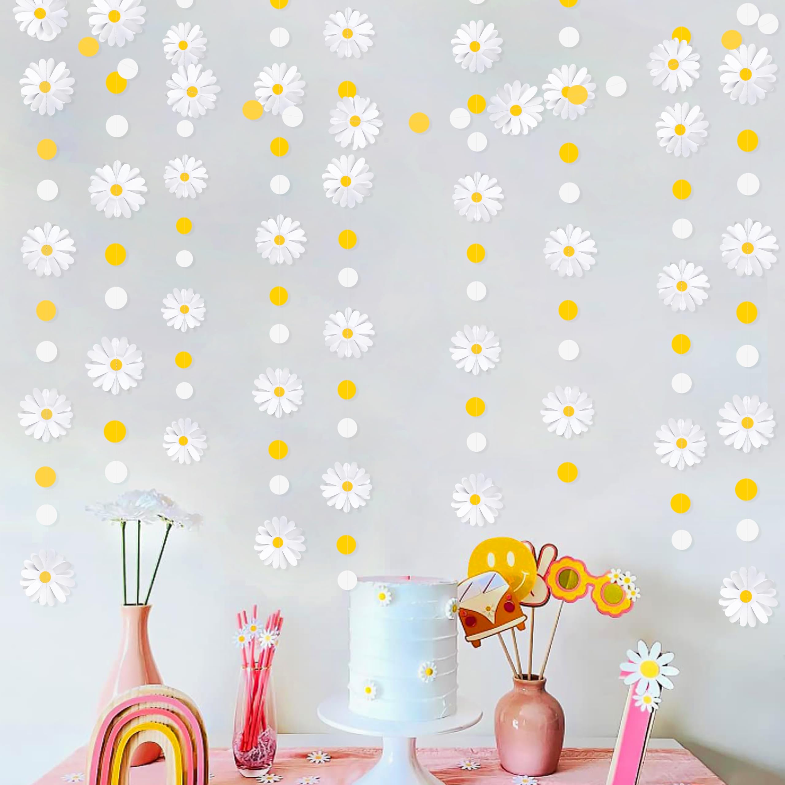 Gänseblümchen-Party-Dekorationen, gelb-weißes Gänseblümchen, gepunktet, Girlande, doppelseitig, Gänseblümchen, 3D-Blumen-Girlande, für Frühling, Sommer, Geburtstag, Hochzeit, Brautparty, Retro