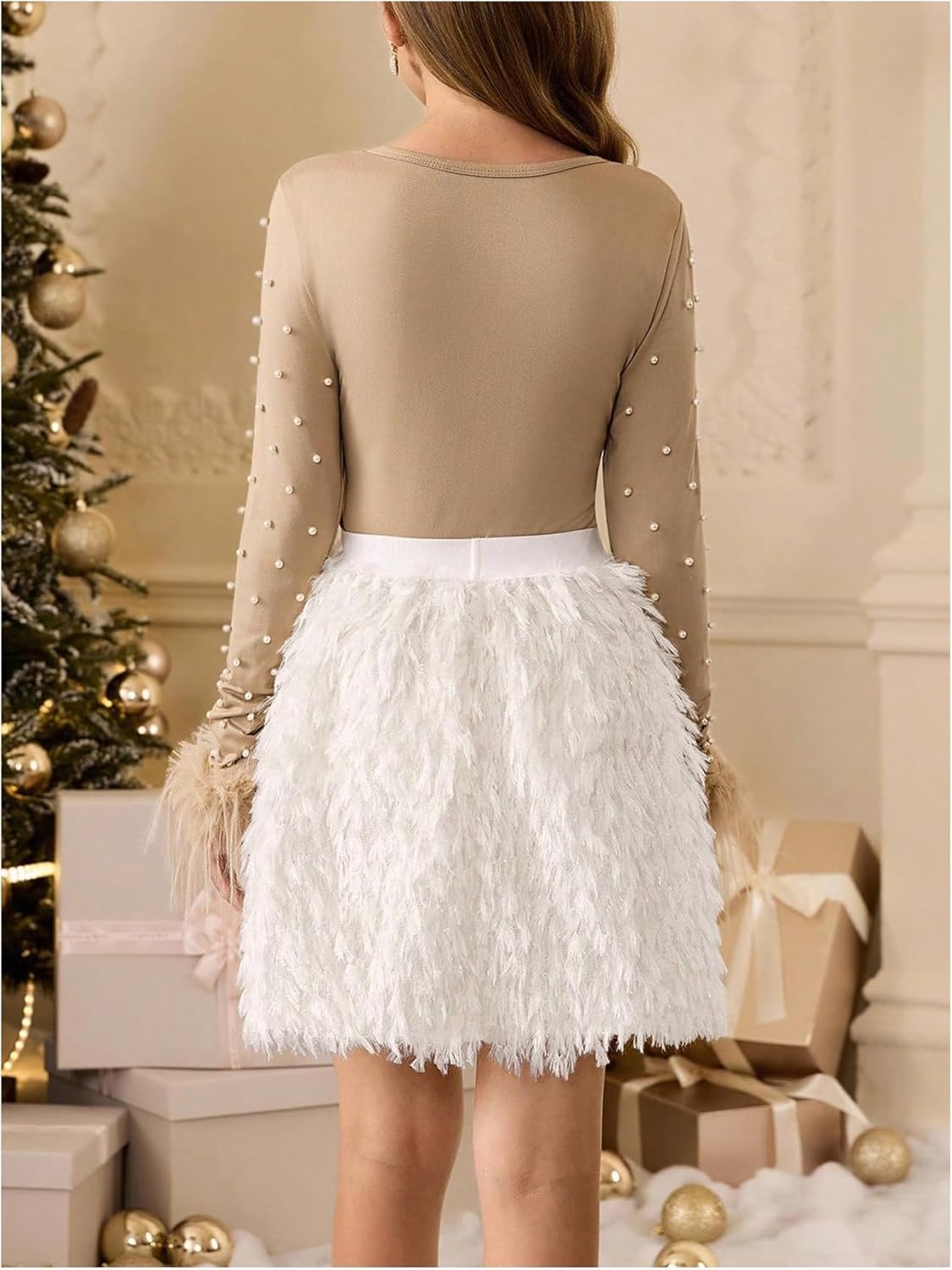 WDIRARA Girl's Faux Fur 2 Piece Sets Pearls Long Sleeve T Shirts Fringe Skirts Cute Outfits