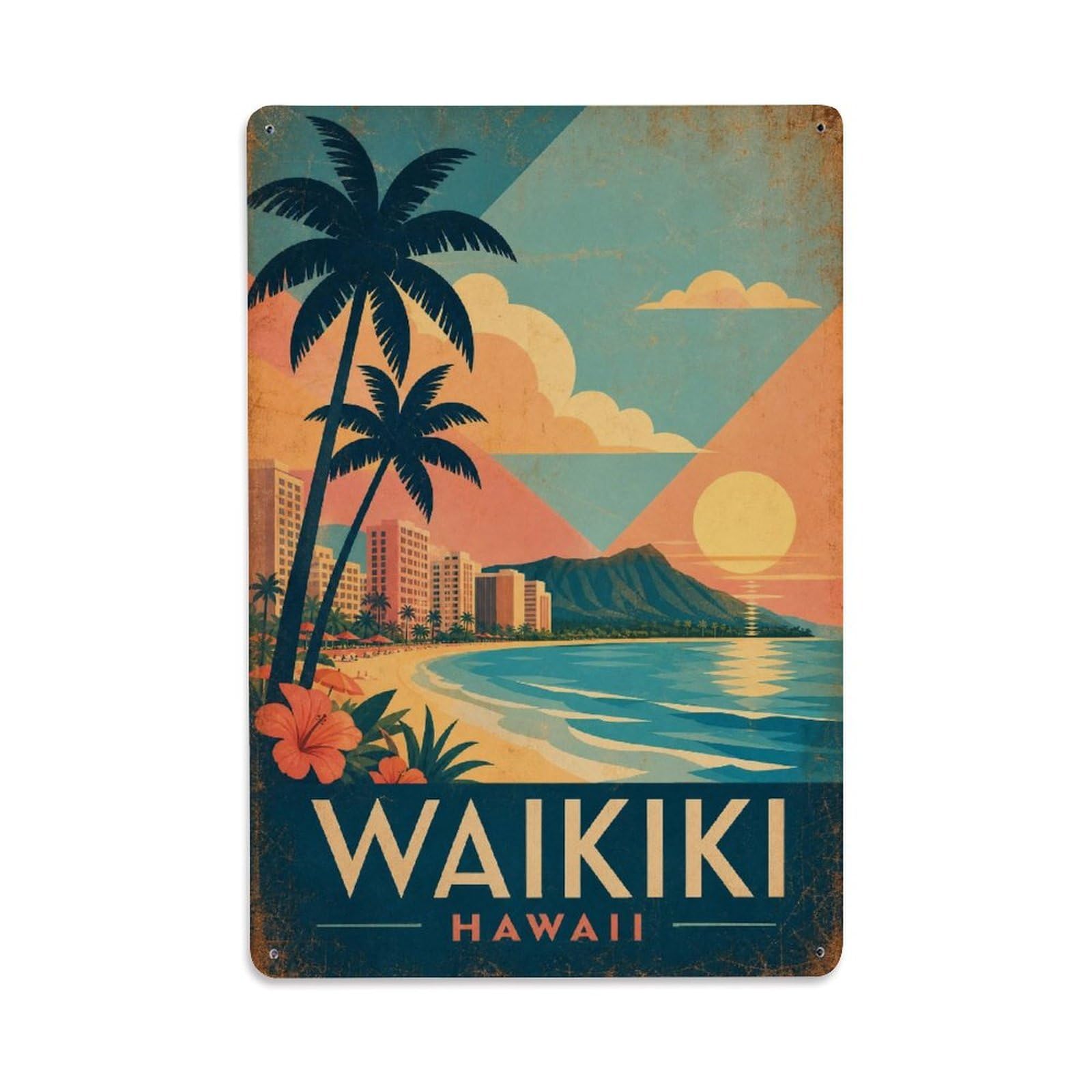 Waikiki Hawaii Island Shore Beach Heritage Travel Metal Tin Sign