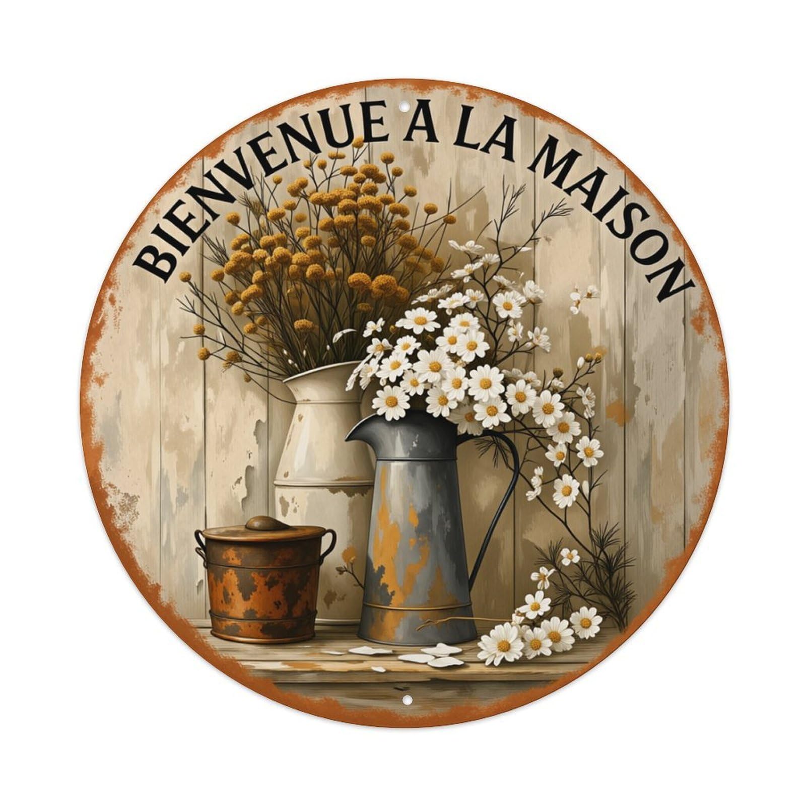 Floral Vase Rustic Background Round Tin Sign Retro Metal Sign for Cafe Bar Pub Home Game Room Gym Club Wall Decoration Vintage Metal Poster 8x8 Inch