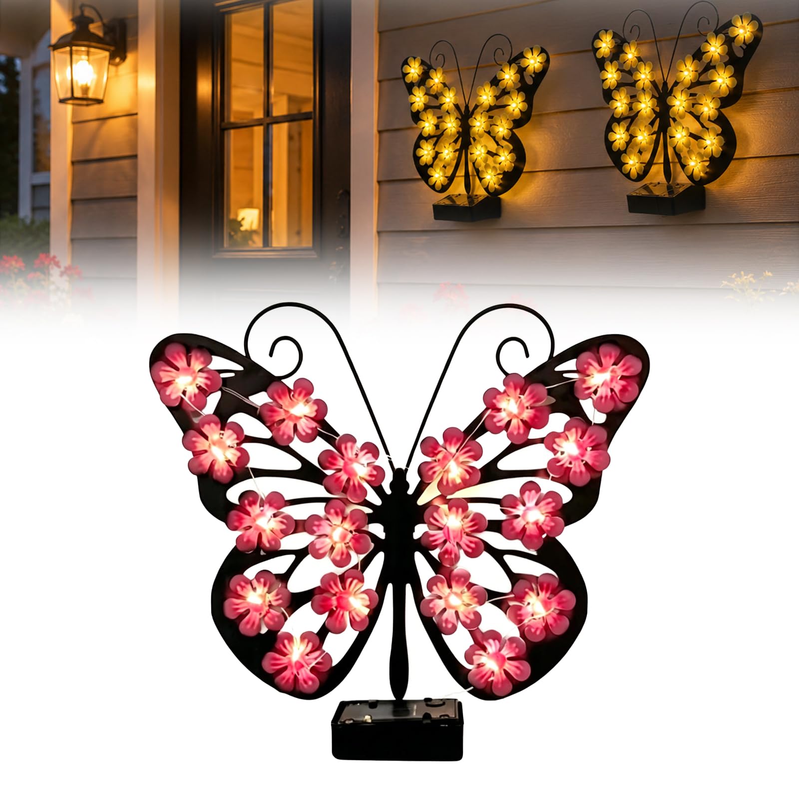 Solar Butterfly Garden Lights, IP65 Waterproof Metal Butterfly Solar LED Light Outdoor Wall Decor, Hanging Butterfly Wall Light with Flower, Garden Yard Patio Fence Decor (Pink)