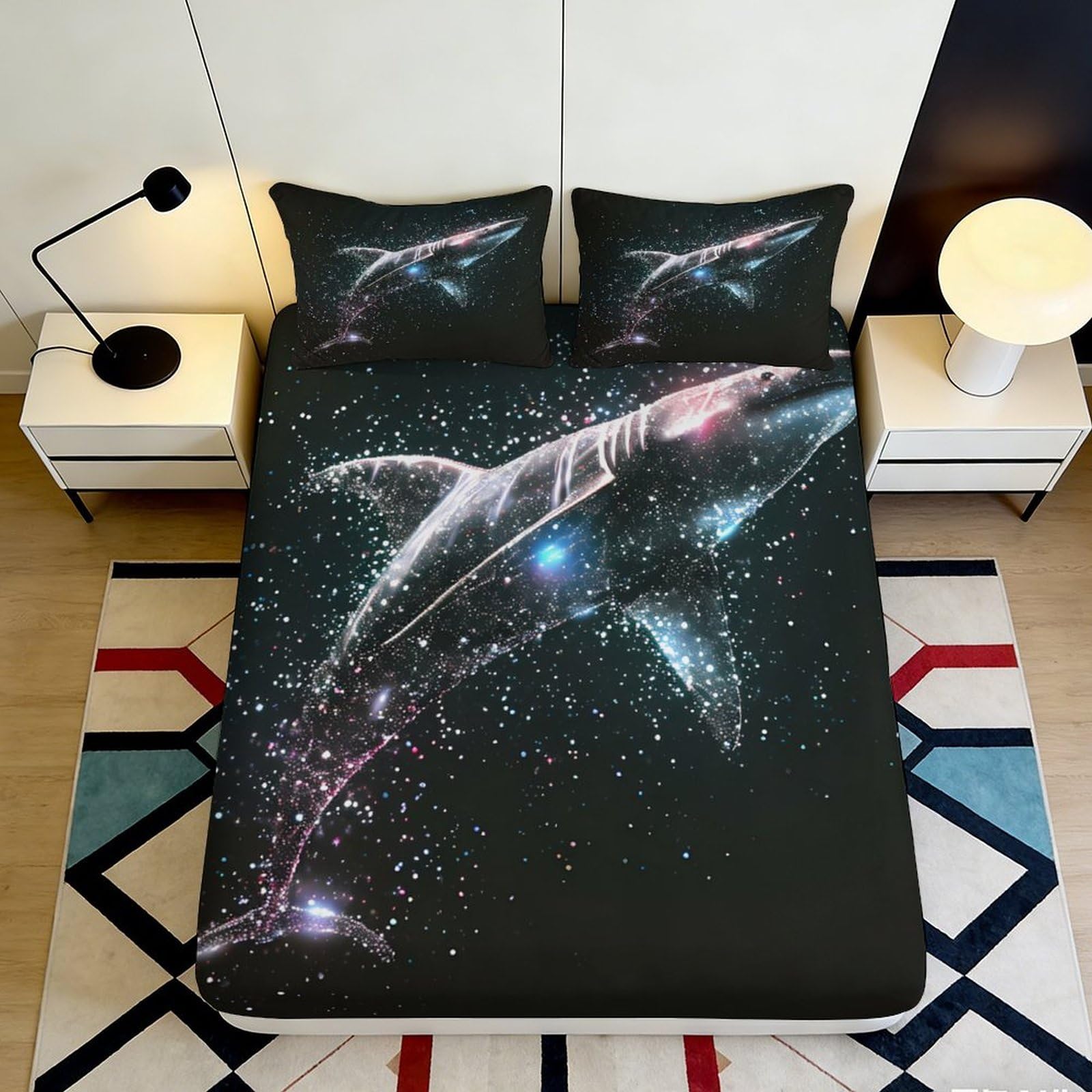 3D Printed Galaxy Starry Shark Fitted Sheet Microfiber Soft Breathable Cosmic Nebula Mattress Cover Bedroom Decor 90x200x25cm