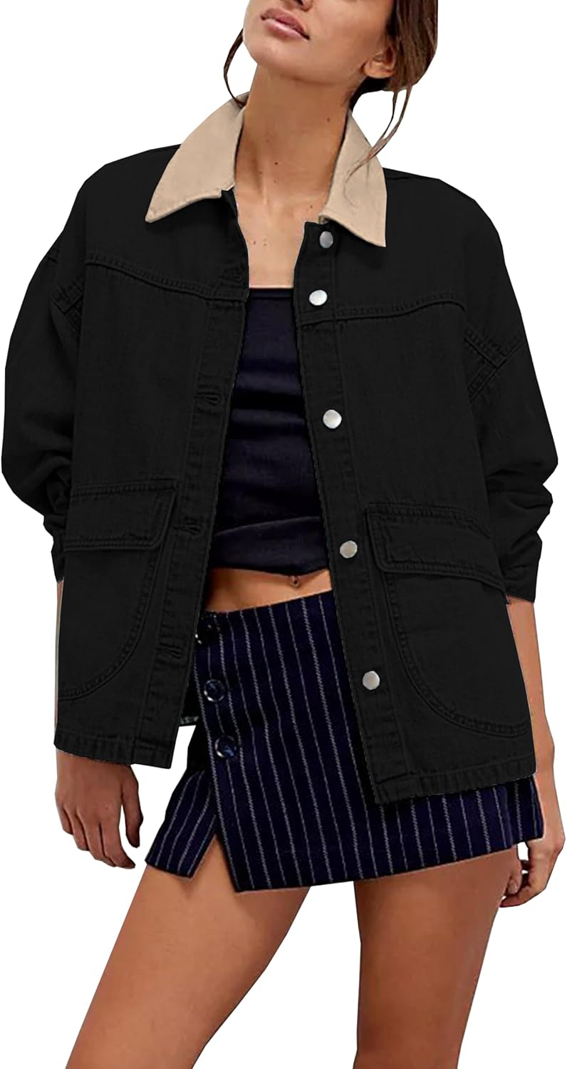 Lumister Women's Oversized Denim Jacket with Contrast Trim Long Sleeve Button Down Jean Coat with Pockets Outerwear