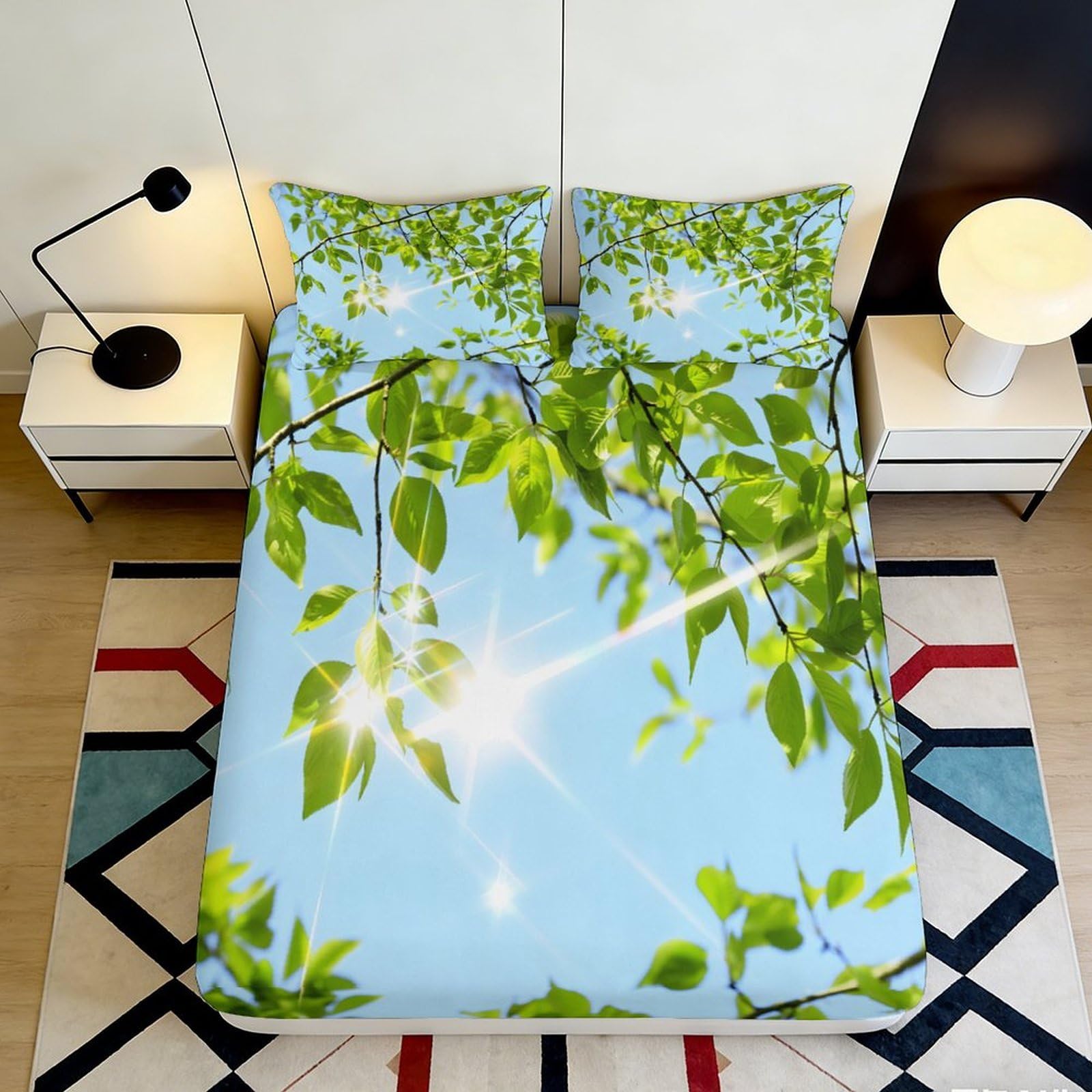 3D Printed Green Leaves Fitted Sheet Microfiber Sunlight Sky Mattress Cover Anti-Slip Easy Care for Bedroom Guest Room Decor 90x200x25cm