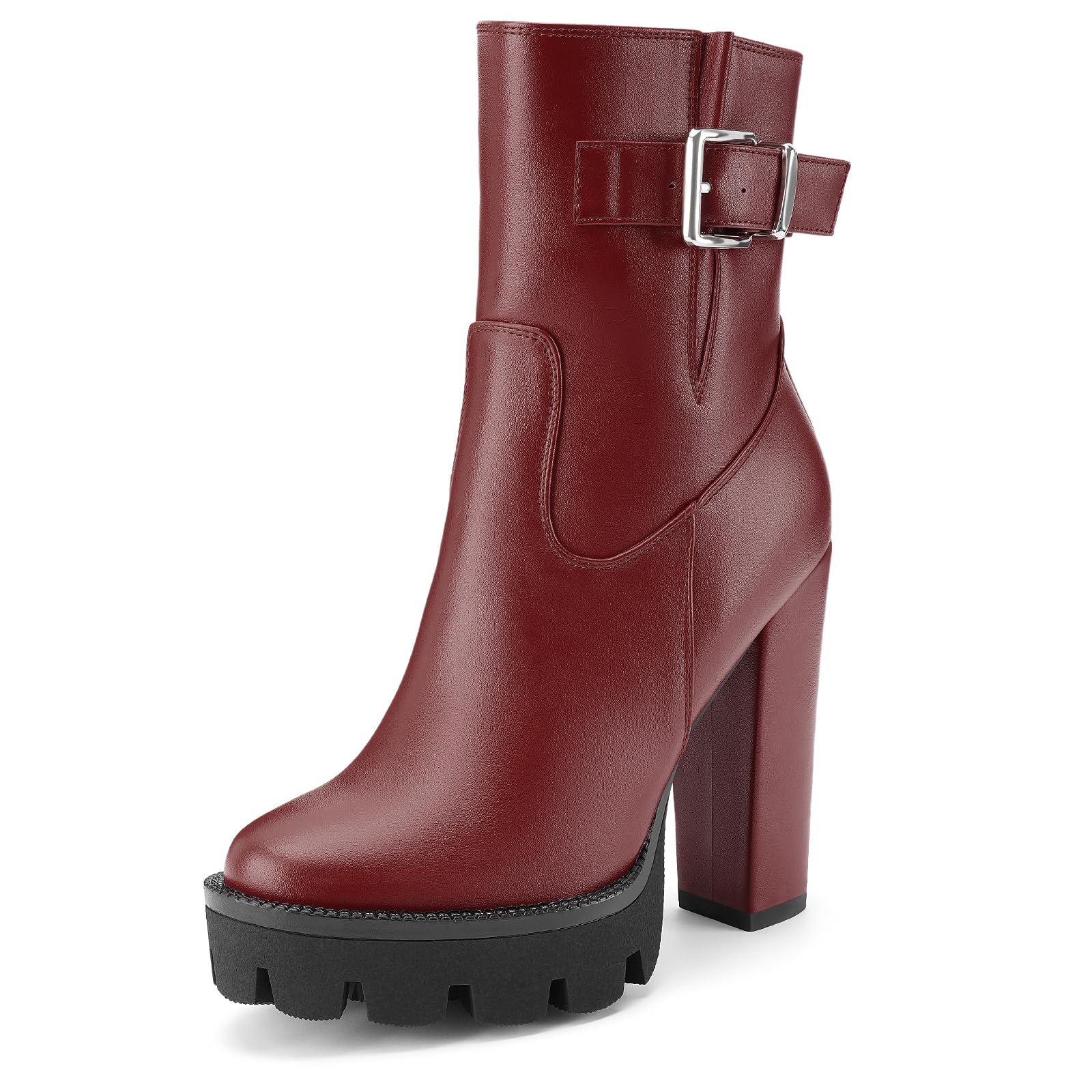 Oh Mispares Womens Platform Ankle Boots Round Toe Chunky Block Heel Lug Sole Booties Buckle Strap Side Zipper