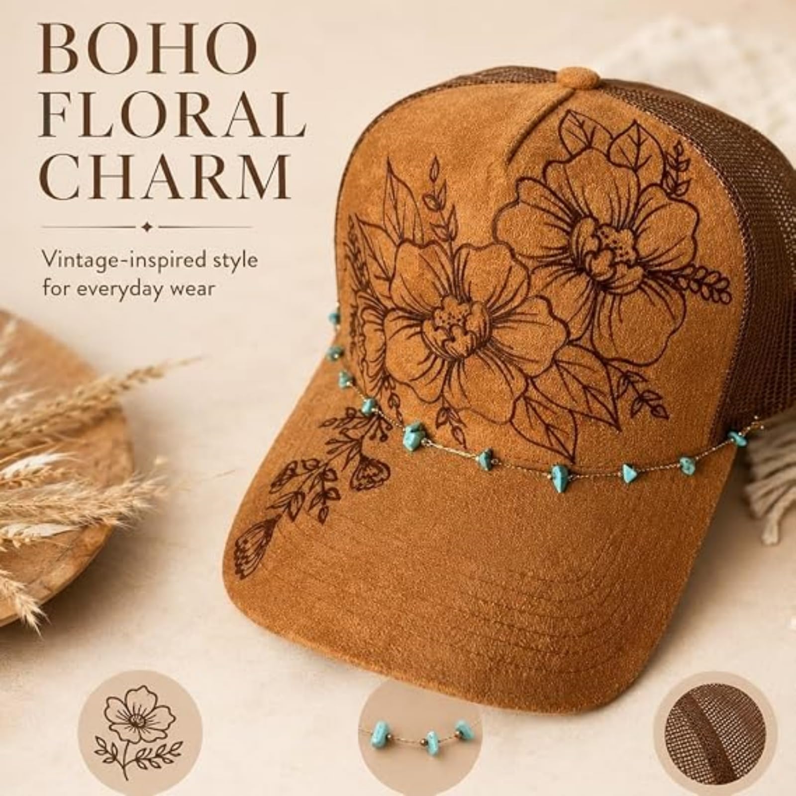 Generico Cappello da Camionista in Pelle Scamosciata bruciata con Applicazioni Floreali, Catena con Delicate Pietre turchesi, Retro in Rete Regolabile, Stile Western Boho Cowgirl.