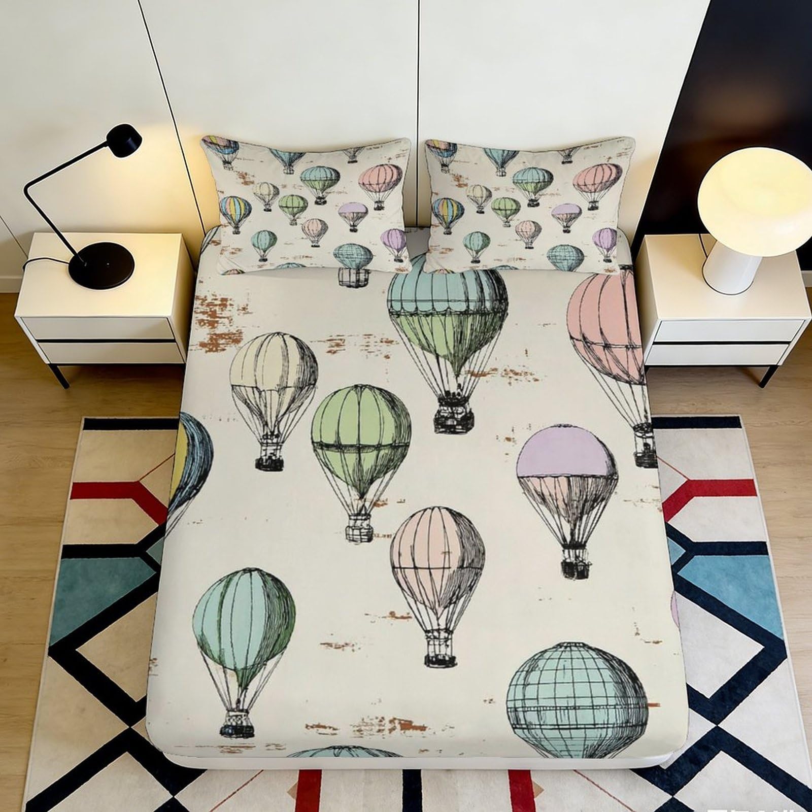 3D Printed Hot Air Balloon Fitted Sheet Microfiber Soft Breathable Vintage Balloon Bed Cover for Bedroom Dormitory Guest Room Mattress Protection 200x200x25cm