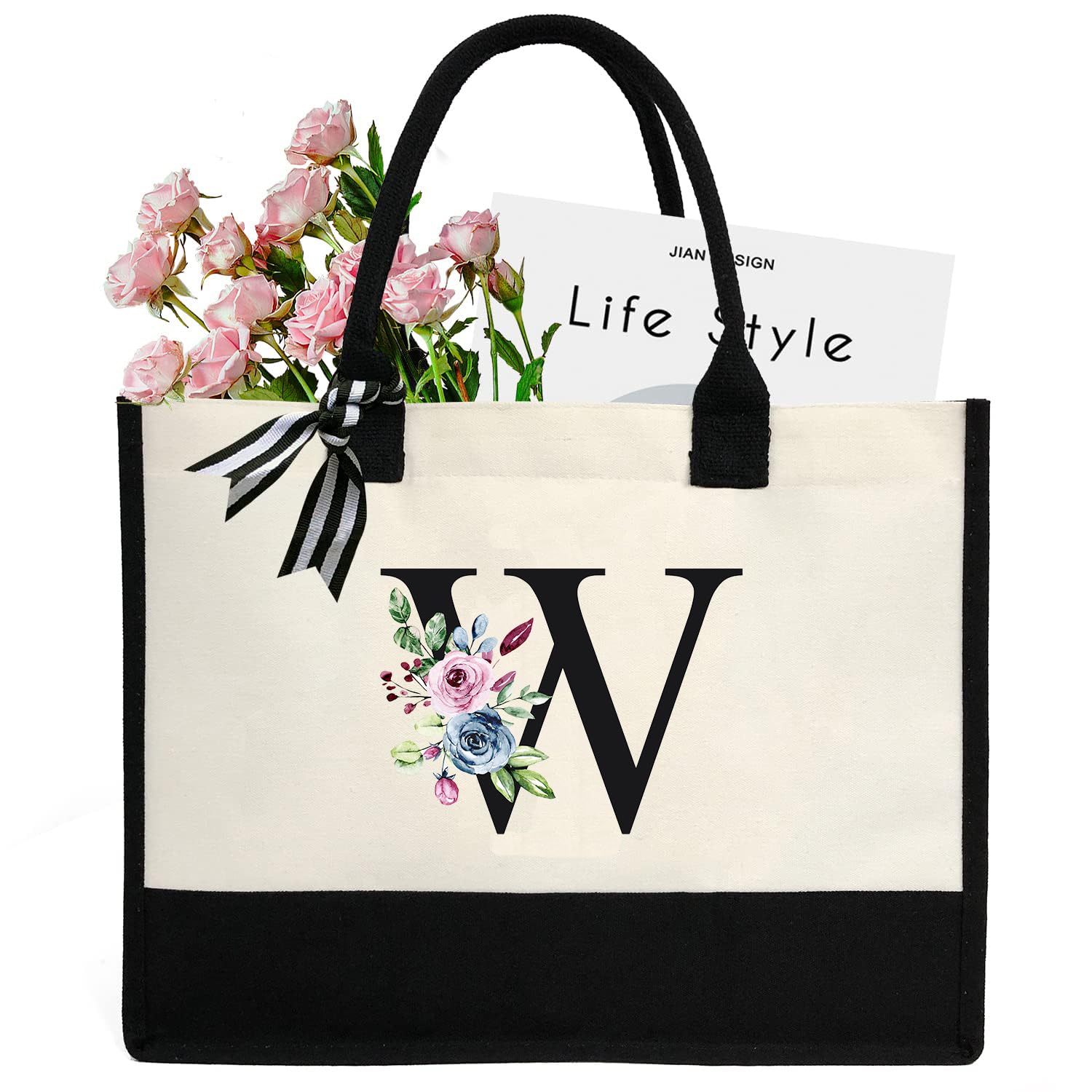 Chirest Bolsa de lona personalizada con inicial para mujer, bolsa de regalo con monograma de la A a la Z para bodas, cumpleaños, vacaciones. Bolsa de playa para mujeres, mamá, damas de honor,