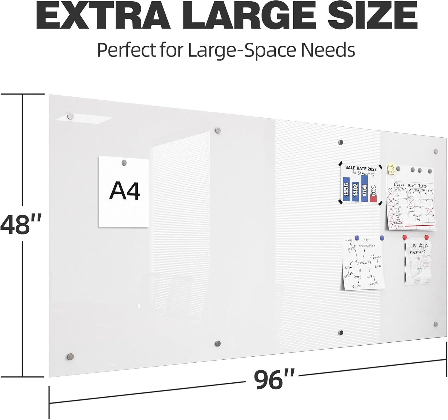 INNOVART Ultra White Glass Whiteboard 96”x48”, Magnetic Dry Erase Board with Markers, Eraser, Mark Tray and Magnets, Frameless Glass Board Glossy Surface for School, Office, Commercial, etc.