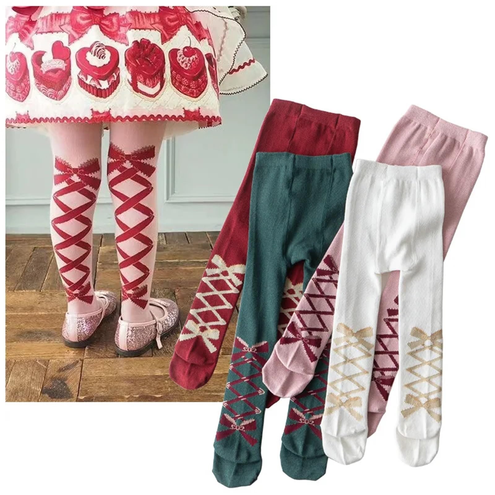 Children's Christmas Tights – Soft Cotton Princess Bowknot Pantyhose for Baby Girls (1-8 Years) – Perfect New Year Gift(Red,3-4Years(M))