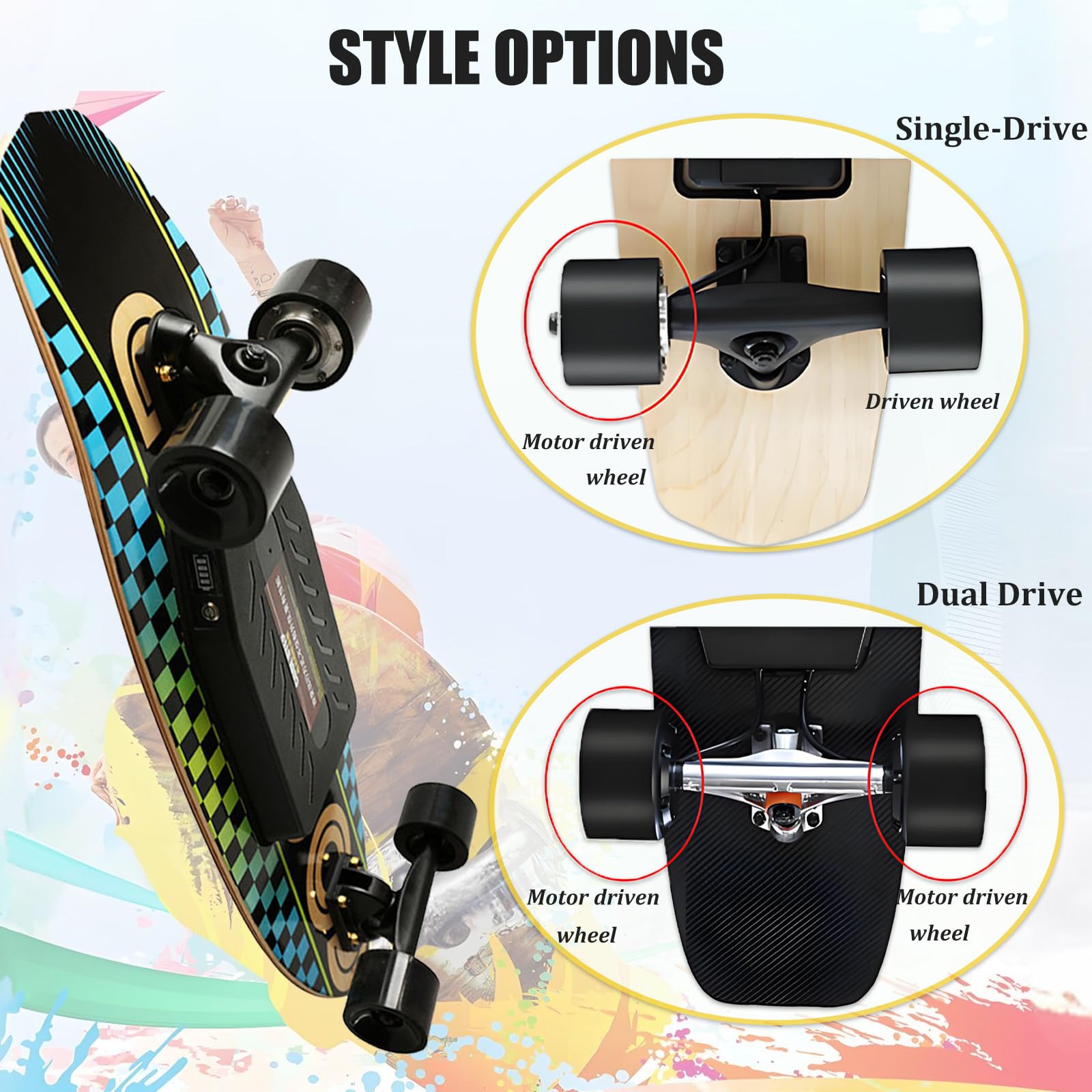 Longboard Portable pour Débutants, Skateboard électrique Professionnel avec Télécommande et Régulateur de Vitesse, Autonomie de 26 km, Charge Rapide de 90 Min C-Dualdrive