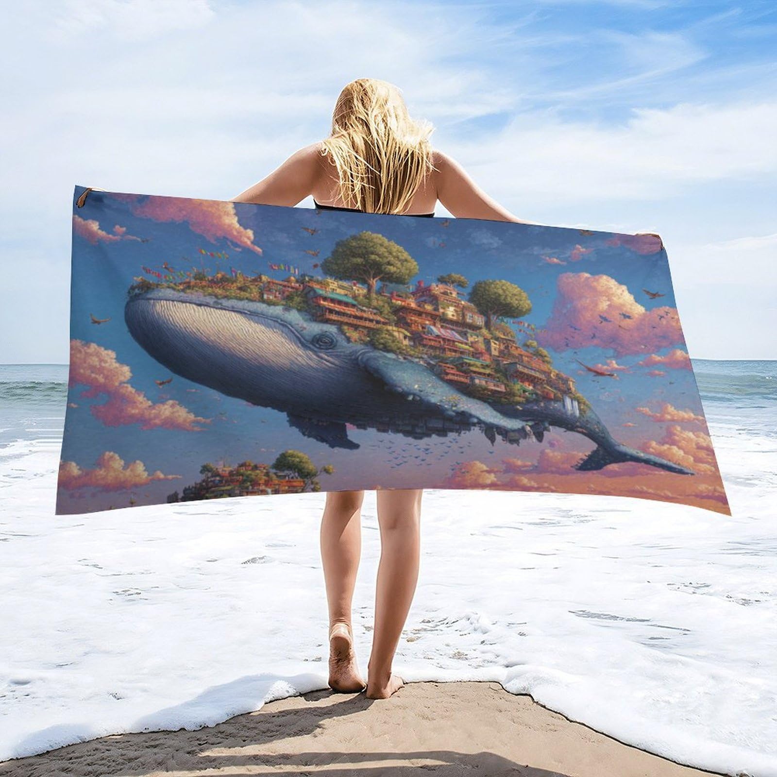 Luyysky Colorful Fantasy Animal Whale Absorbent Beach Towel, Retro Watercolor Nautical Fairy City Ocean Life Whale Bird Outdoor Single-Sided Velvet Beach Towel-80 W Cm X 160" L Cm