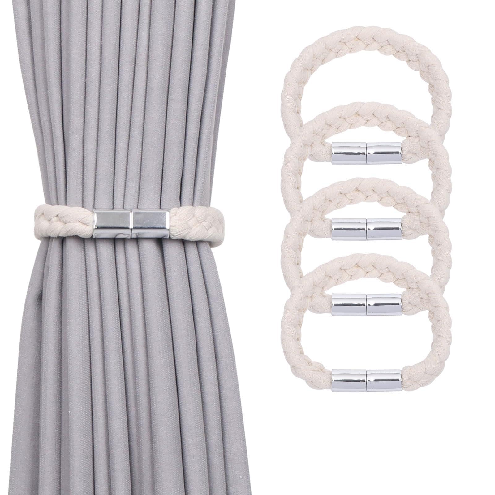 Pretty Jolly 4 Pack Twisted Braid Rope Magnetic Curtain Tiebacks Elegant Hand-Woven Style Drape Tie Backs Soft Natural Cotton Rope Curtain Holdbacks for Home & Office Window Draperies (Beige)