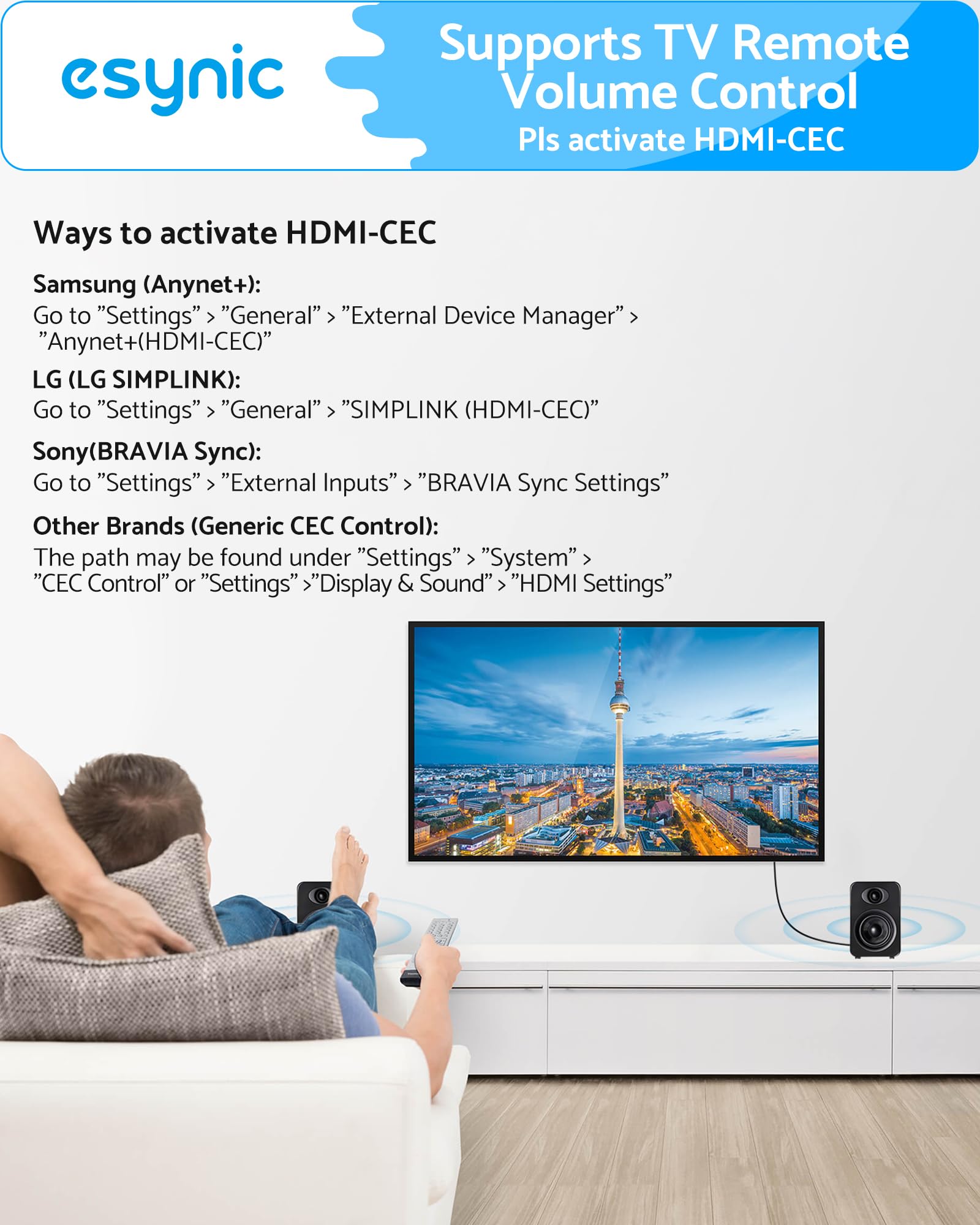eSynic eARC/ARC na cinch kabel audio adapter HDMI do analogowego stereo L/R 192 kHz PCM CEC regulacja głośności, pilot TV do aktywnych głośników i wzmacniacza, tylko PCM Stereo