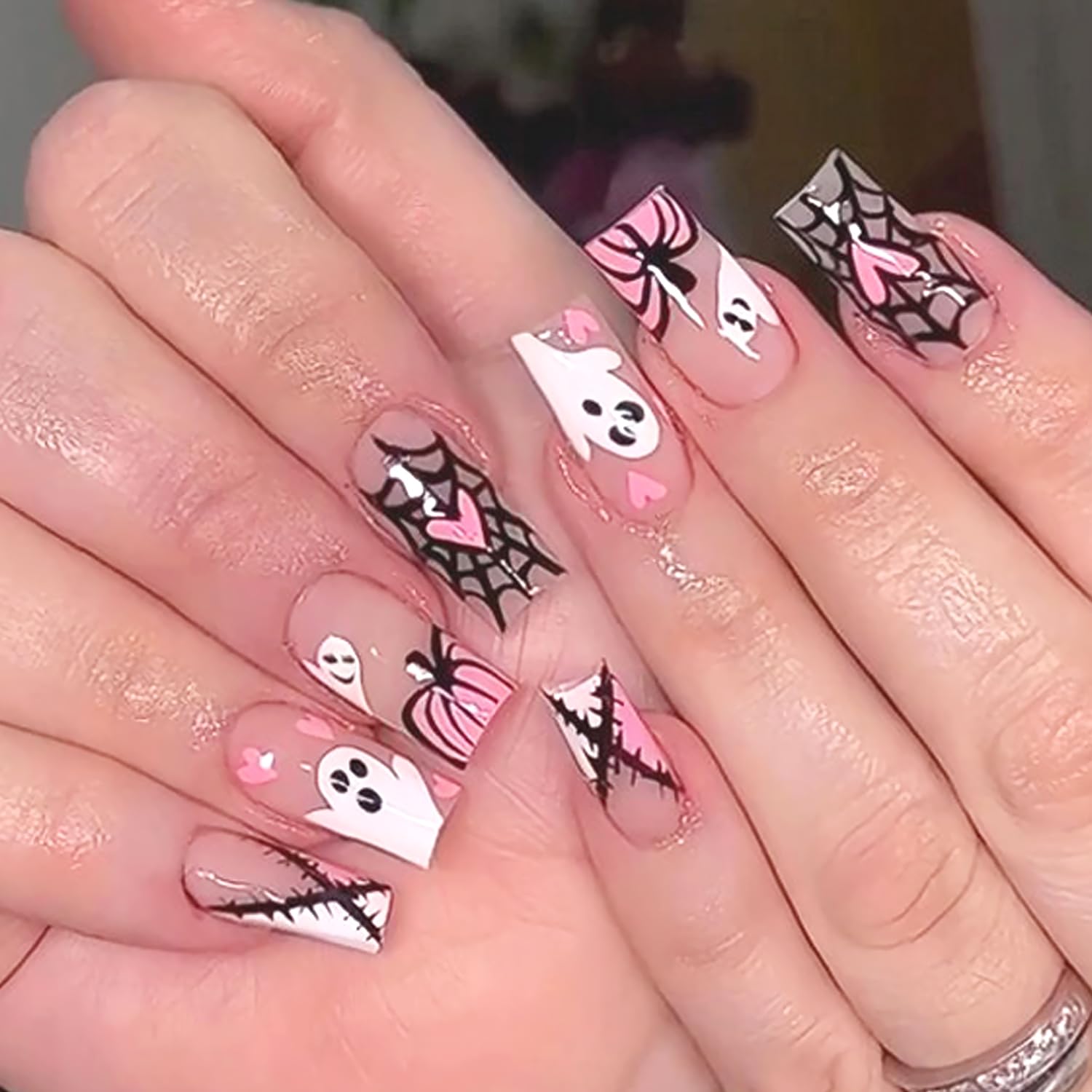 Halloween Press on Nails Medium Square Fake Nails with French Pumpkin Design Glossy Glue on Nails Cute Ghost False Nails Full Cover Pink Artificial Stick on Nails for Women Acrylic Manicure Salon