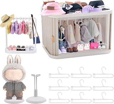 Foldable Doll Wardrobe Storage Box Compatible with Labubu Clothes, Mini Doll Closet with 15 Hangers, Telescopic Rod & 4 Stands, Stackable Organizer with Sliding Door Doll & Clothes Not Included