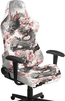 Dragon Flower Print Gaming Chair Cover with Armrest Covers Dust-Proof Decorative Gamer Chair Cover Set 4Pc/Set Universal Fit for Desk/Swivel/Rotating Chairs Protector, Easy to Install