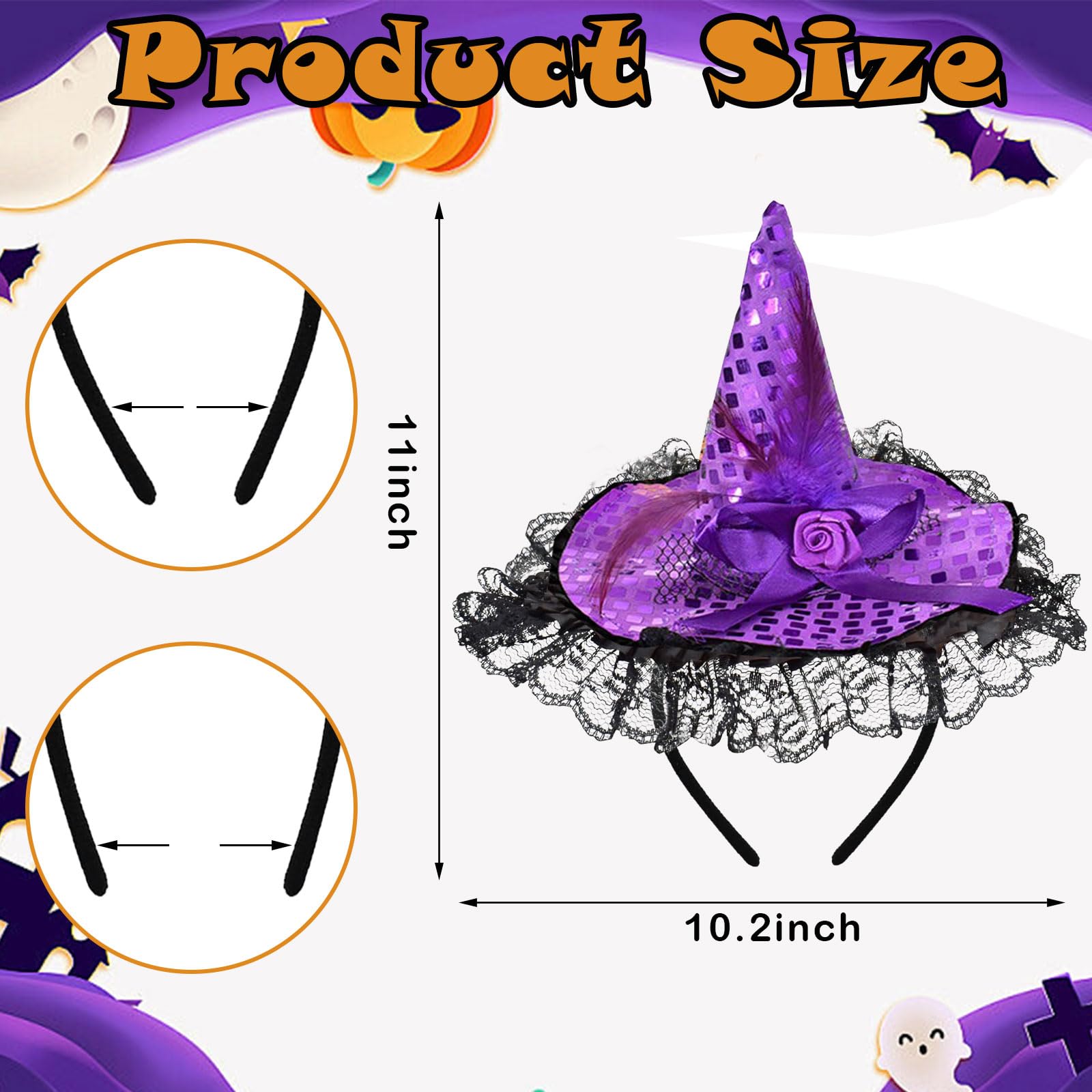 Opaska na głowę z kapeluszem czarownicy, opaska na głowę na Halloween z koronką z piórami kokarda, dekoracyjna opaska do włosów czarownicy, na imprezę maskową, cosplay Halloween