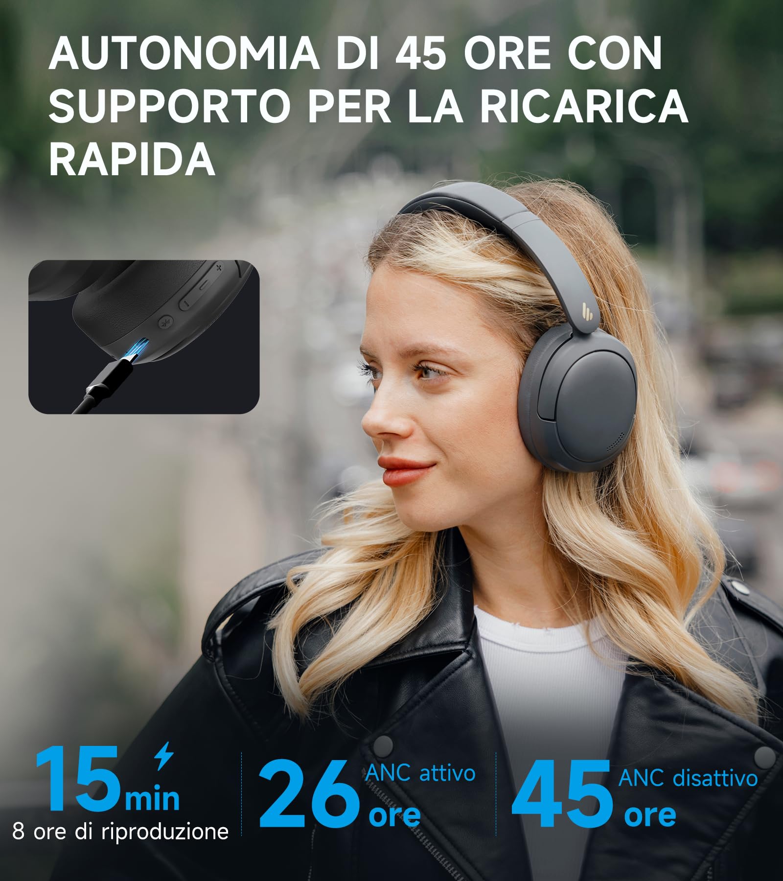 Edifier W800BT Pro Cuffie Cancellazione Attiva del Rumore Ibrida, Bluetooth 5.4, Hi-Res Audio, Riduzione del Rumore delle Chiamate AI, 45 Ore Autonomia, Ricarica Rapida, Pieghevole - Grigio