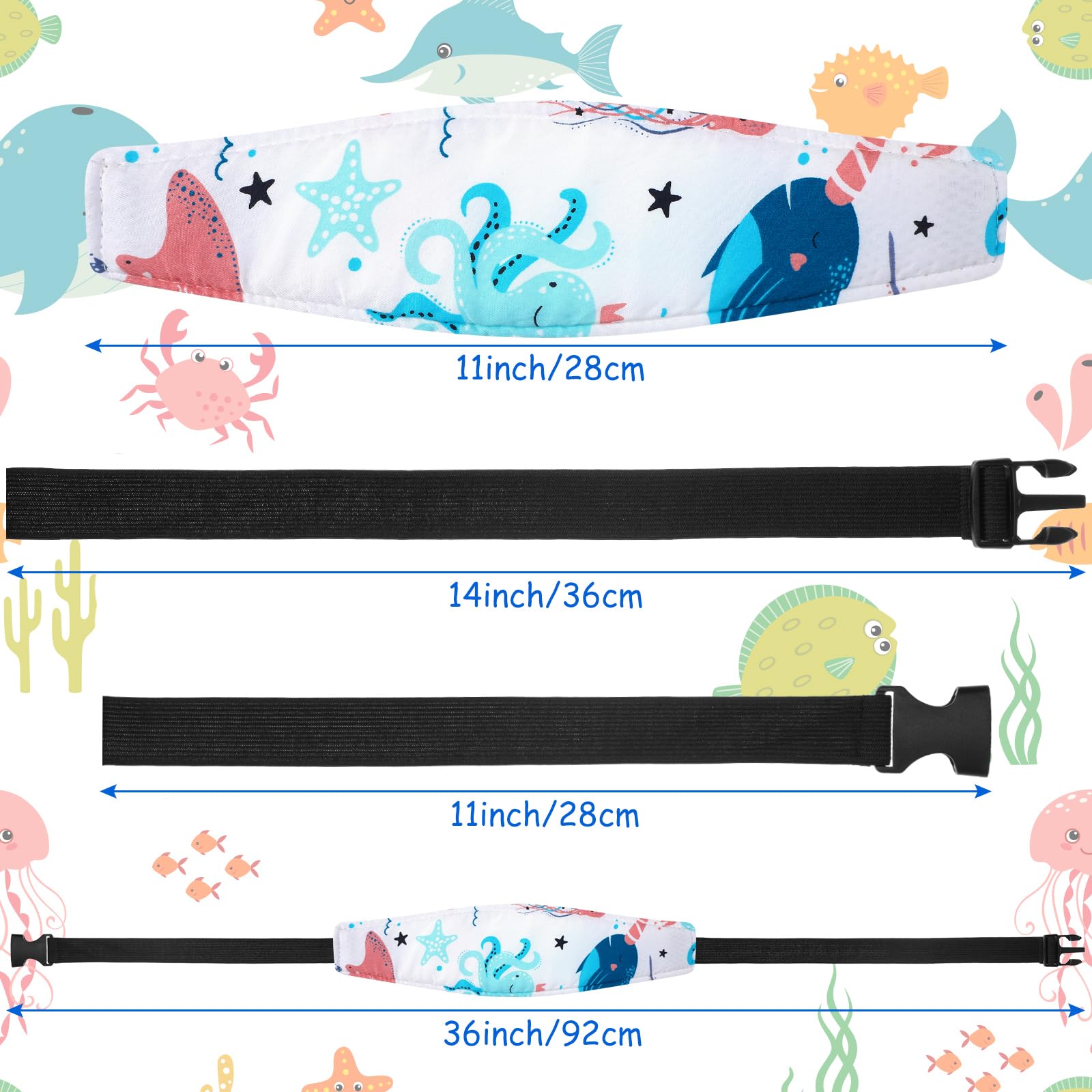 HESTYA 2 Pieces Baby Carseat Head Support Band Strap Headrest Stroller Seat Sleeping Headrest Neck Relief Head Strap Headband for Kids Children Toddler Infant(Ocean Animals)