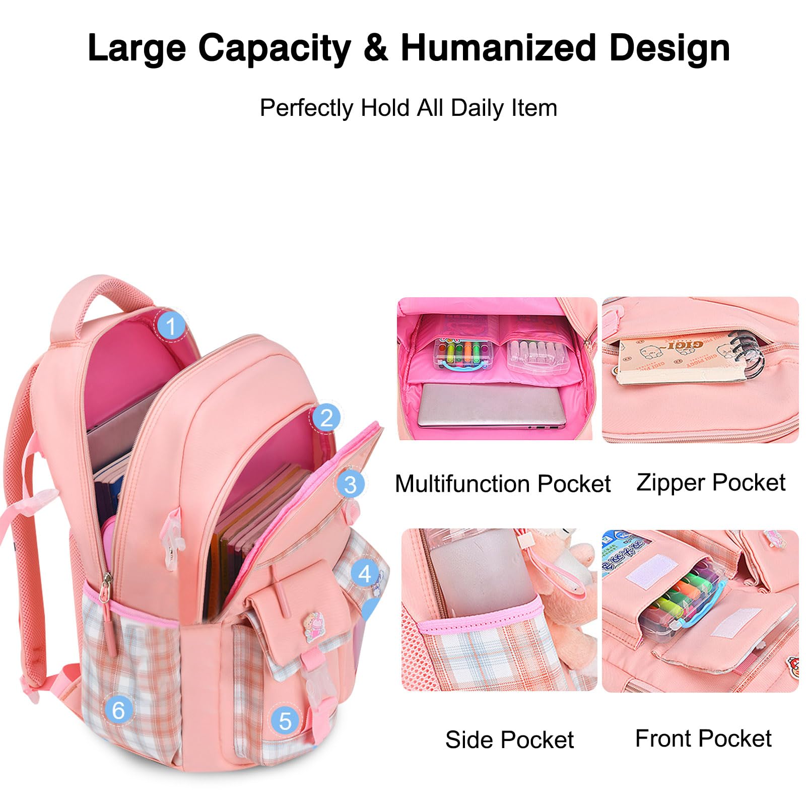 FANDARE Sac à Dos Enfant Maternelle Cartable Scolaire pour Filles Garçons - Sac d'École Voyage avec Pendentif en Peluche & Badge Mignon - Bleu Ciel