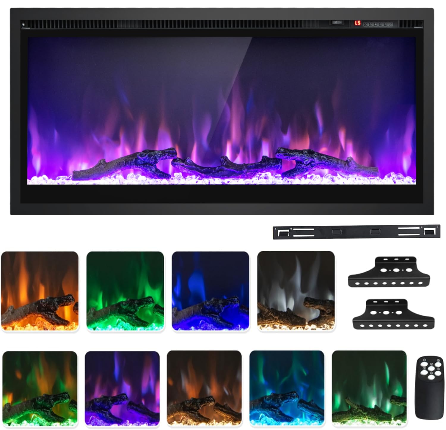 COSTWAY 36”/91cm Electric Fireplace, Wall Mounted/Recessed/Freestanding Fire Heater with 9 LED Flame Color, 5 Brightness, Remote, Thermostat, 1-8H Timer, Overheat Protection, 750W/1500W (36”/91cm)