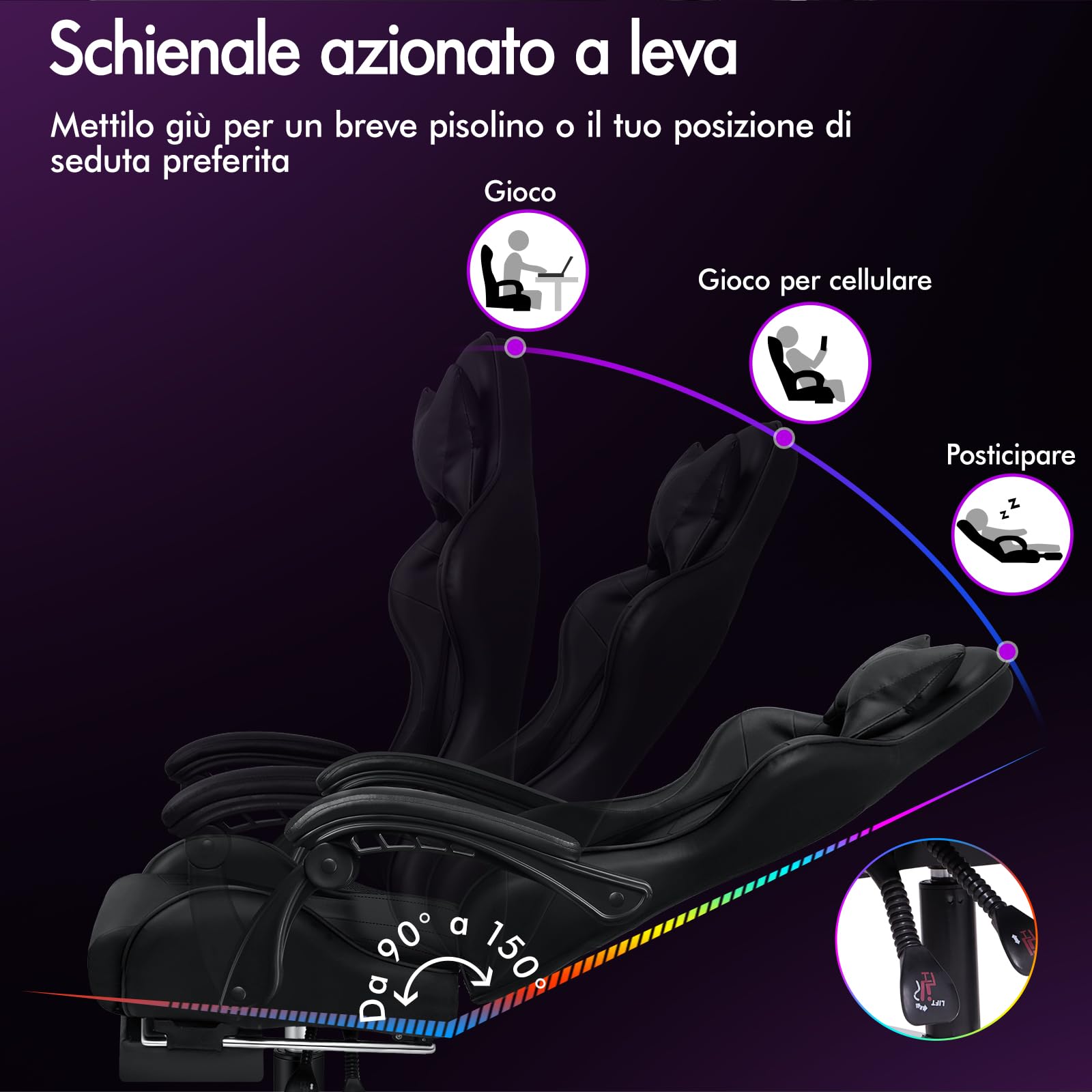 ALFORDSON Sedia Gaming Massaggiante, Sedia Professionale Gamer con Poggiatesta e Cuscino Lombare, Ergonomico Poltrona da Ufficio Schienale Regolabile 90-150°, Portata 180 kg, Similpelle(Nera)