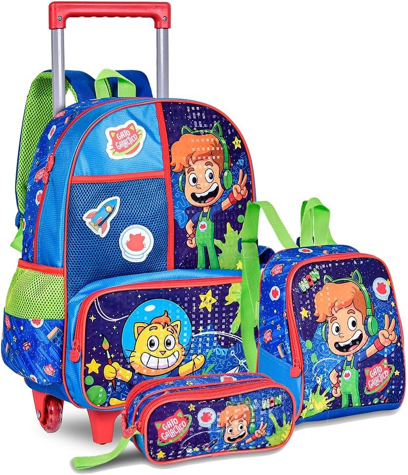 Kit Escolar Infantil Gato Galáctico com Mochila de Rodinhas, Lancheira Térmica e Estojo – Colorido e Divertido