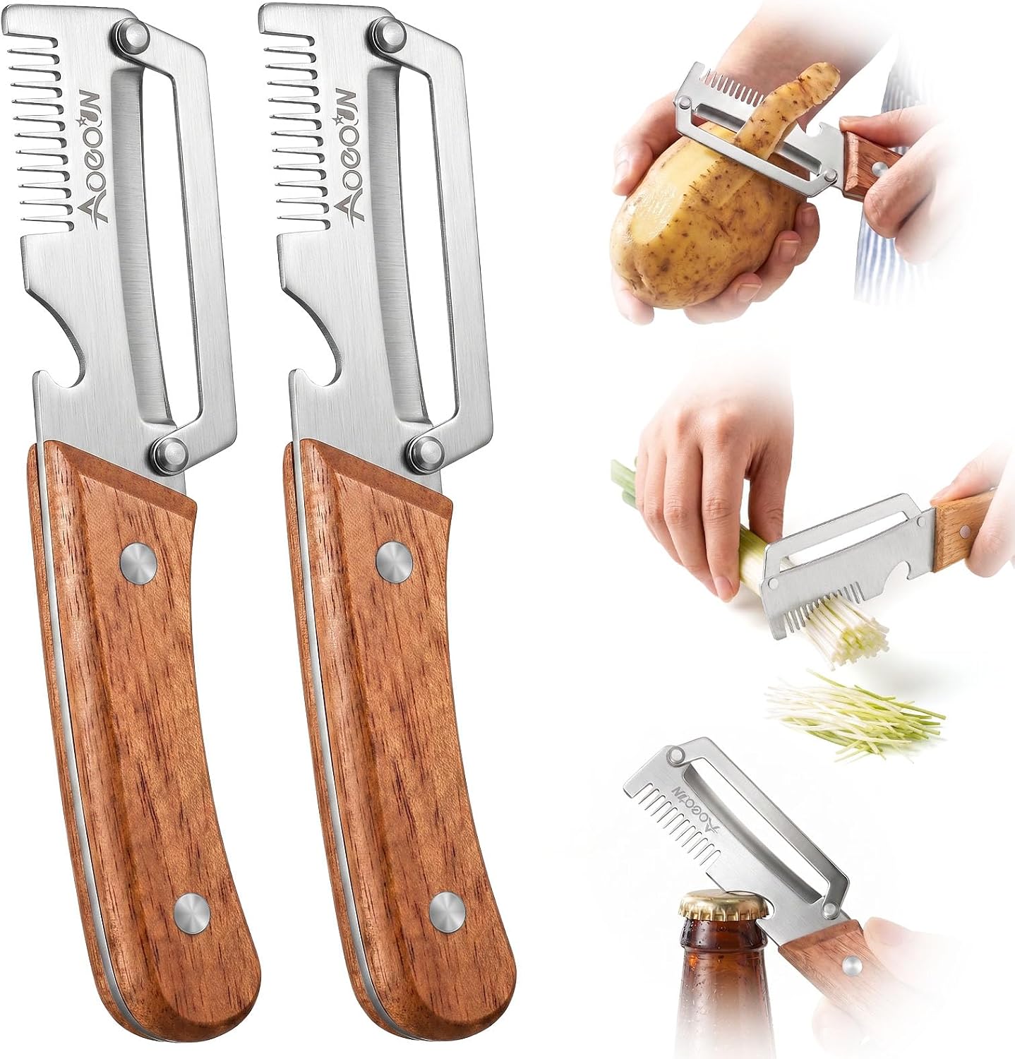 2 Pack Multifunctional Vegetable Peeler with Wooden Handle & Bottle Opener