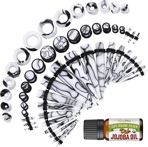 BodyJ4You Kit de estiramiento de orejas de 48 piezas, calibre 14G-00G para principiantes, aceite de jojoba para cuidado posterior, tapones acrílicos