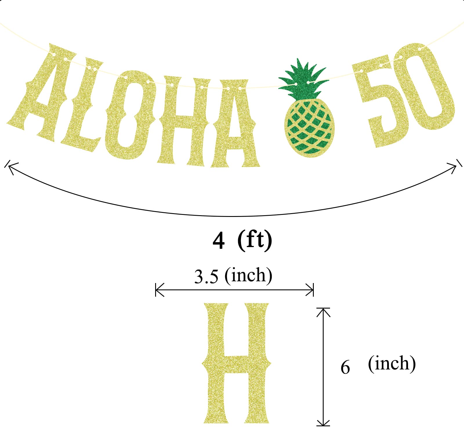 Aloha 50 Banner - Hawaiian 50th Birthday Decor, Tropical Luau Party Decorations Gold Green Glitter - View #10