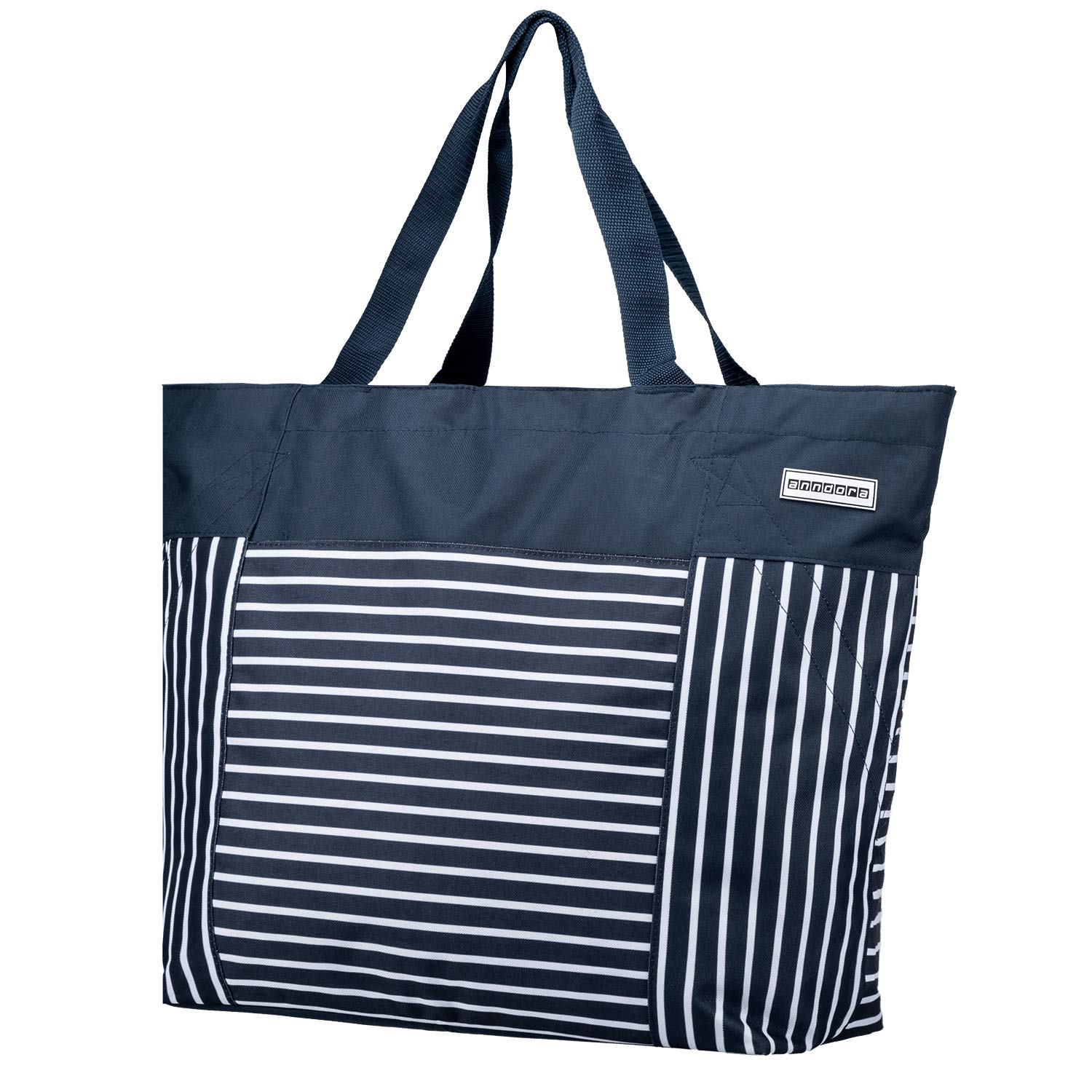 anndora XXL Strandtasche 40 Liter – große Badetasche mit Reißverschluss & Zusatzfächern – faltbarer Shopper für Strand, Schwimmbad, Sauna & Einkaufen (Navy Blau Weiß)