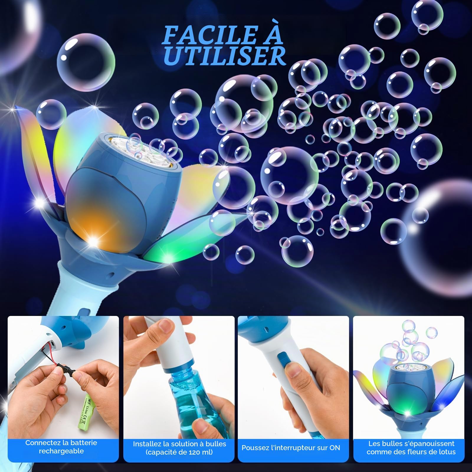 Machine a Bulle, Fleur de Lotus Machine à Bulles Enfants 10000+ Bulles/Minute, Pistolet a Bulles pour Enfant avec 120ml Solution et 8X 10ml Concentré à Bulles (Bleu)