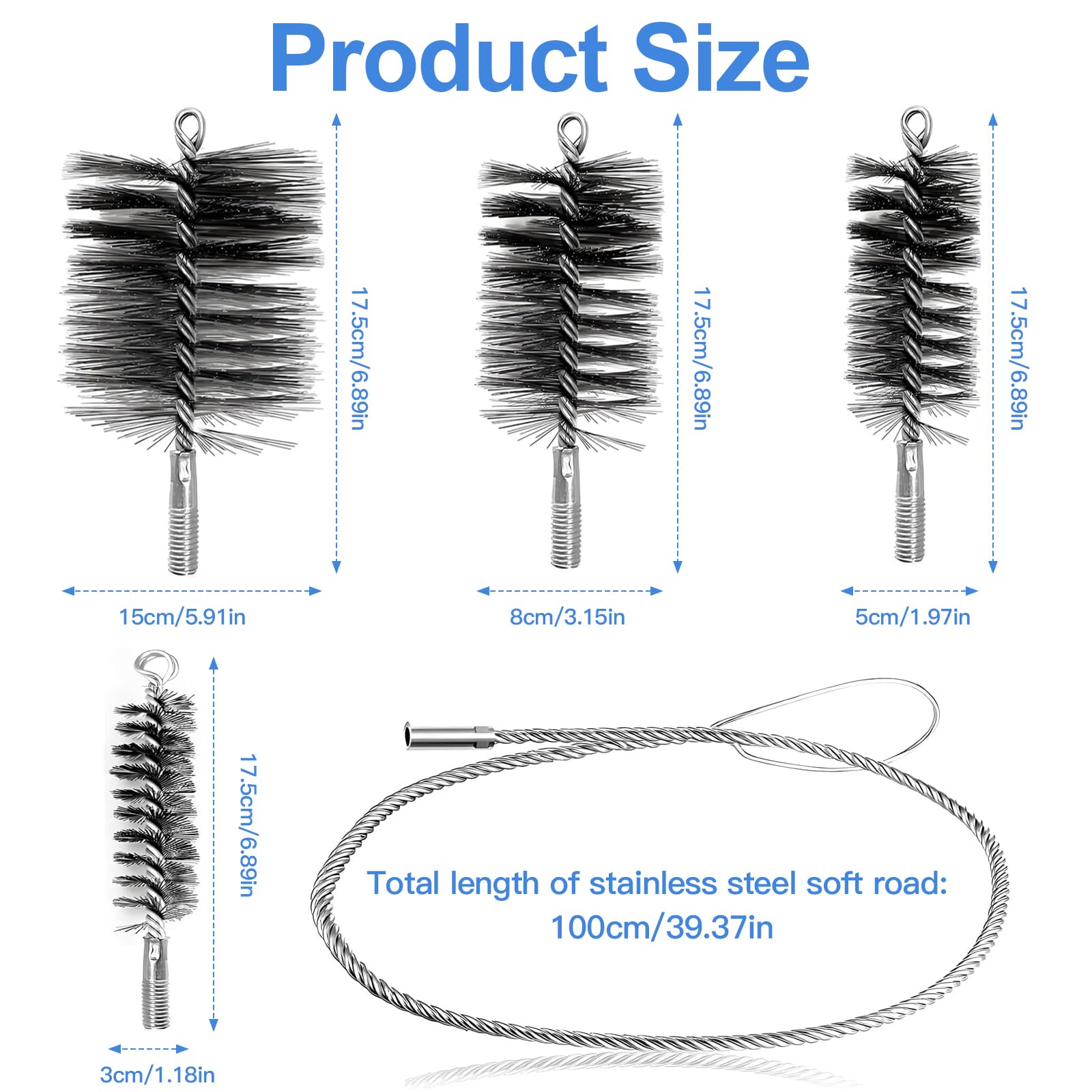 5 Pièces Herisson de Ramonage 150mm 80mm 50mm 30mm, Kit Ramonage Poele Pellet, Métallique Goupillon, Brosse pour Tuyau de Poêle Nettoyage, Brosses de Ramonage Cheminée en Fil d'Acier Robuste