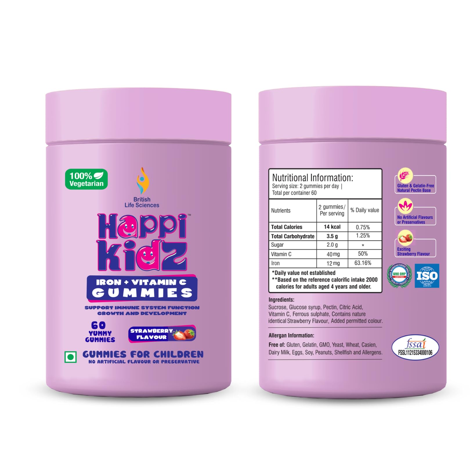 Happi Kidz Iron + Vitamin C Gummies For Kids-(120 Gummy Bears) -Supports Immune system function, Helps build red blood cells & overall growth and development (Pack of 2)