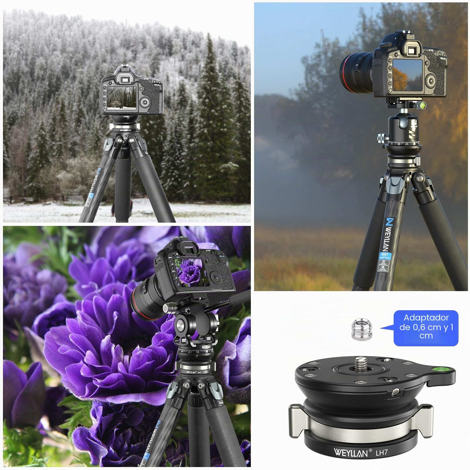 Cabezal de trípode con Base de nivelación ，Compatible con Canon Nikon Sony DSLR Camera Camcorder Tripods Monopods, Capacidad de Carga 10kg/22lbs