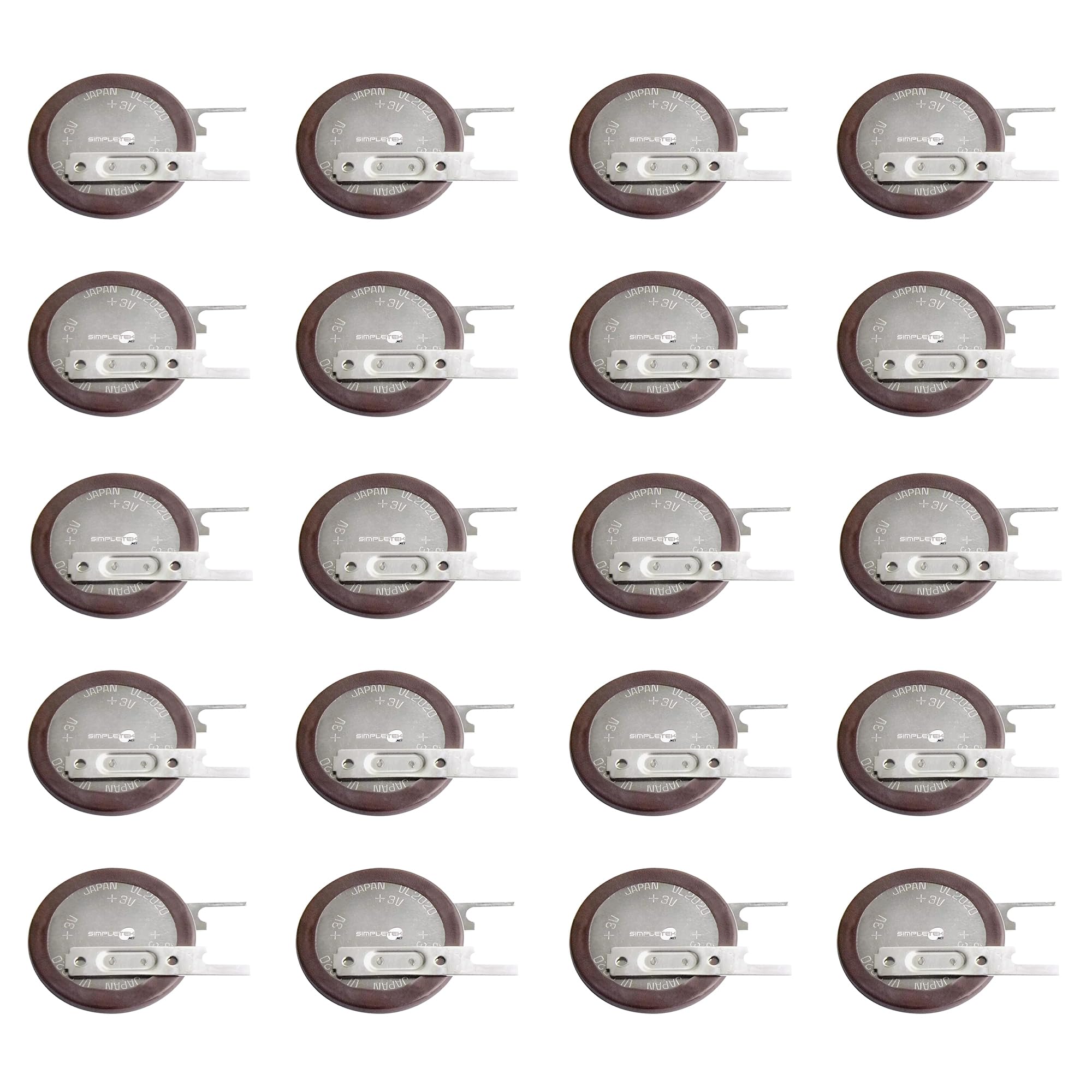 SIMPLETEK - 20 pilas VL2020 de botón recargables de 3 V con conectores para soldar contactos planos (20 unidades)