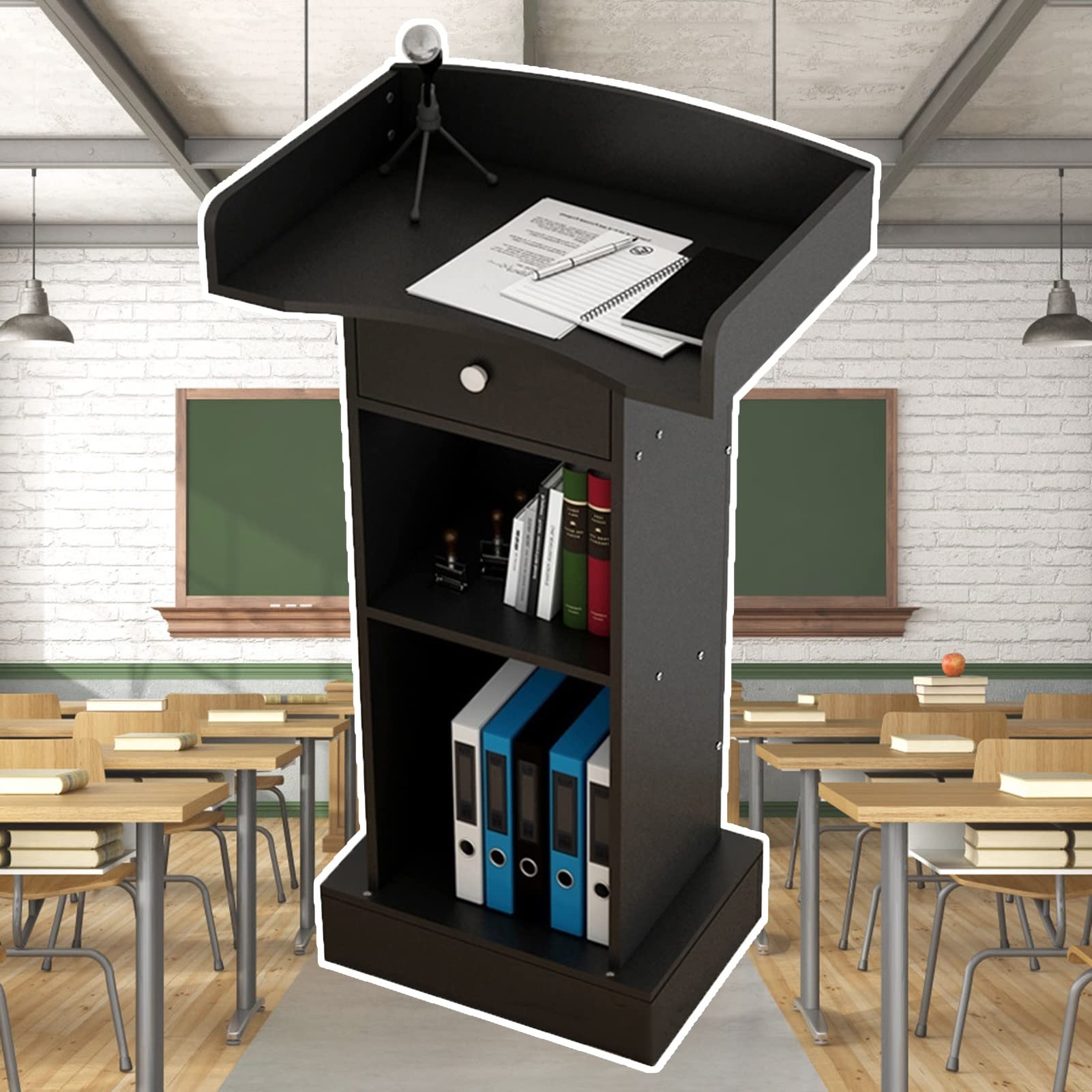 Podio Soporte de podio para atril, podio para profesores para aula, soporte para podio de púlpito escolar con estante y cajón de almacenamiento, atril de enseñanza de pie/podios para hablar, fáci