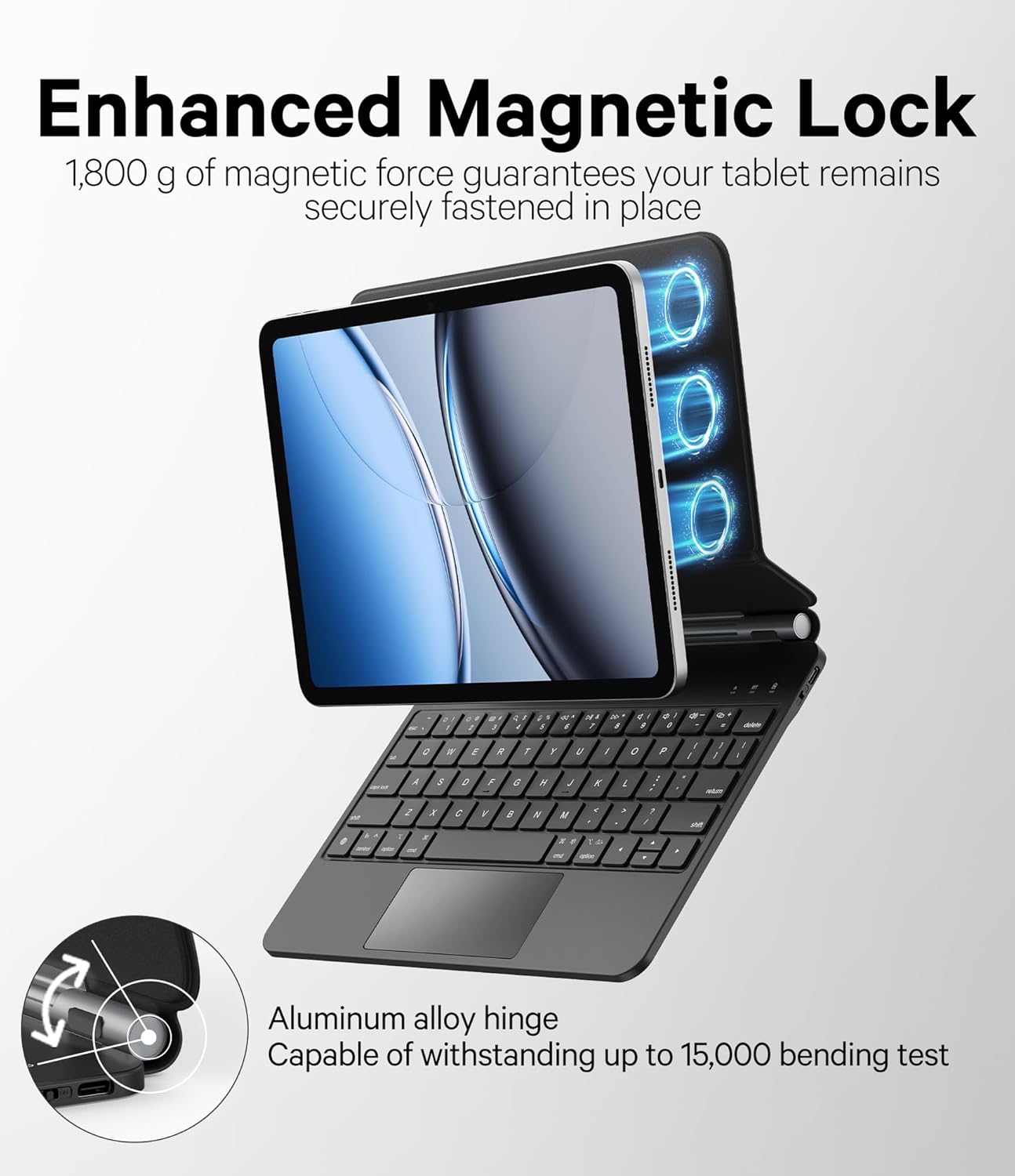 iPad attached to the Magic-Style Magnetic Floating stand, showing a 135-degree viewing angle