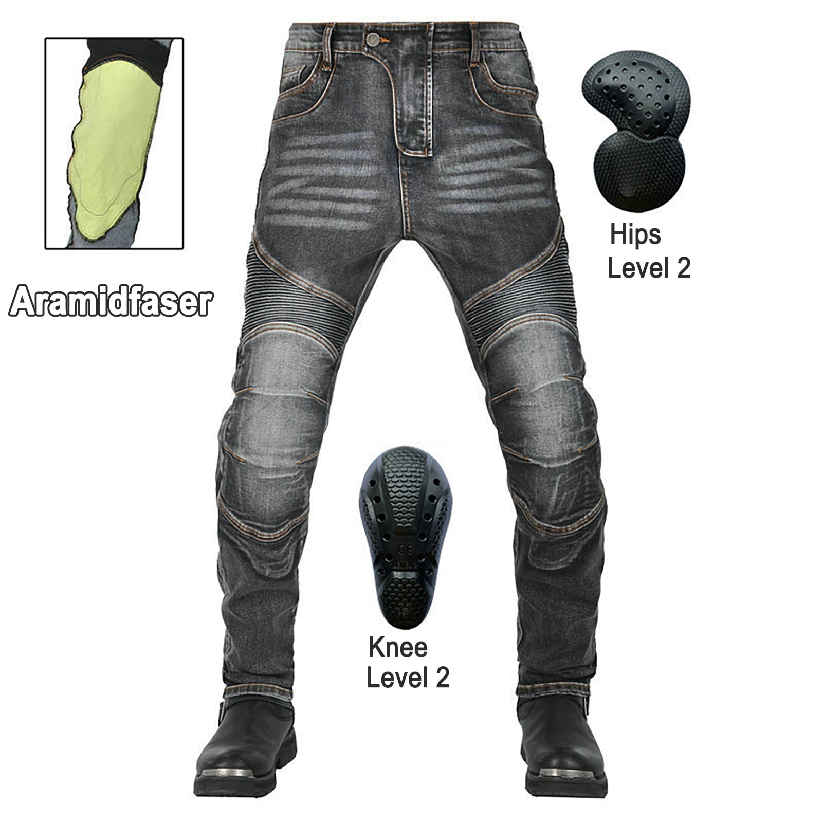 Motorradjeans Herren mit Protektoren, Aramid-Stretch Bikerhose