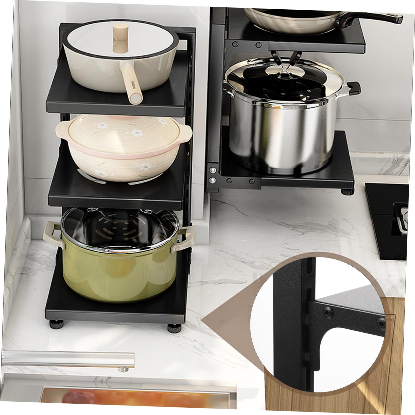 VALICLUD Organizer per Cucina Nero per Acciaio al Carbonio a 3 Livelli in Acciaio al Carbonio Portapentole Regolabile Spaziatura Adattabile, per Armadietti e Sotto Lavello