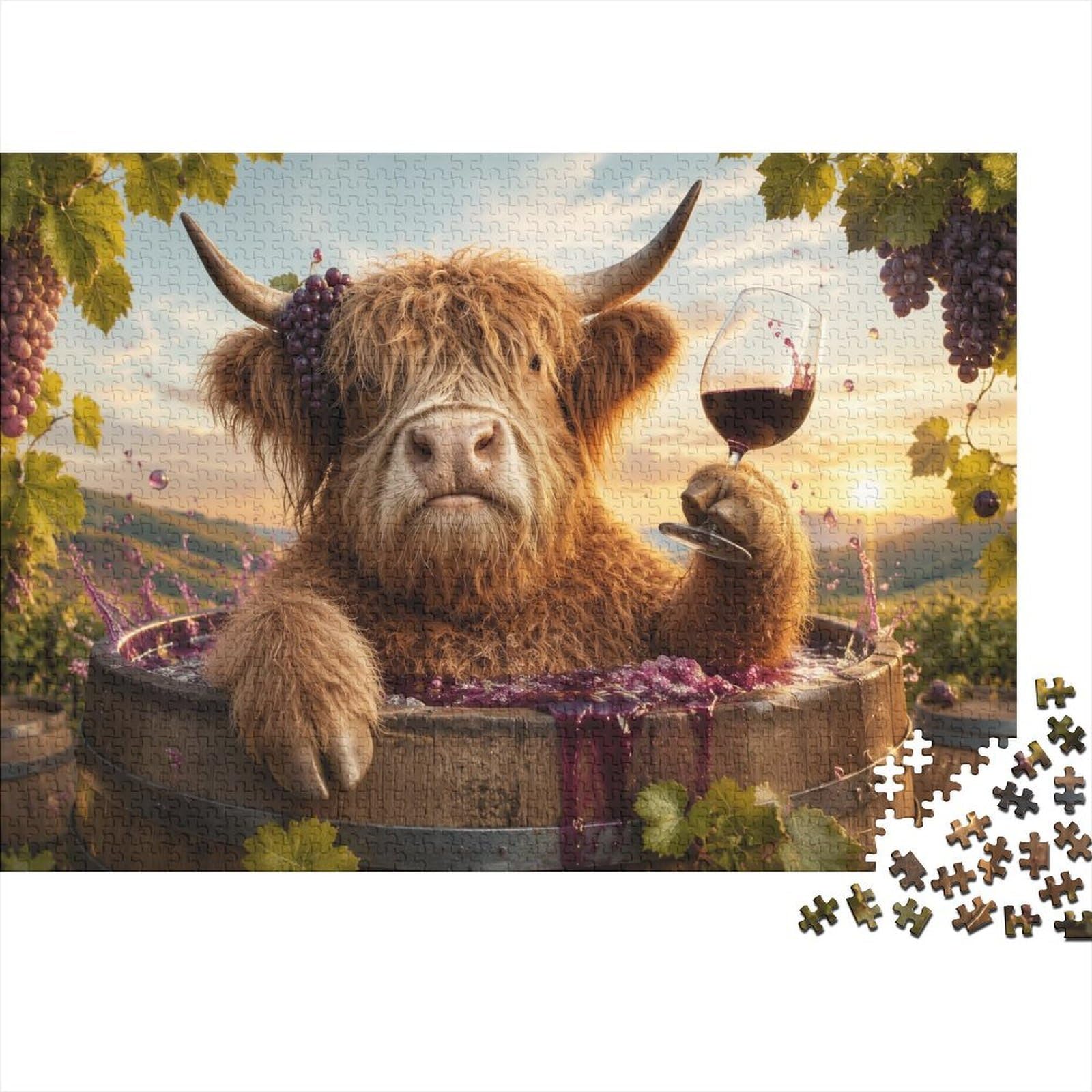 Highland Cow Wine Barrel Jigsaw Puzzle, 1000 Pcs For Adults