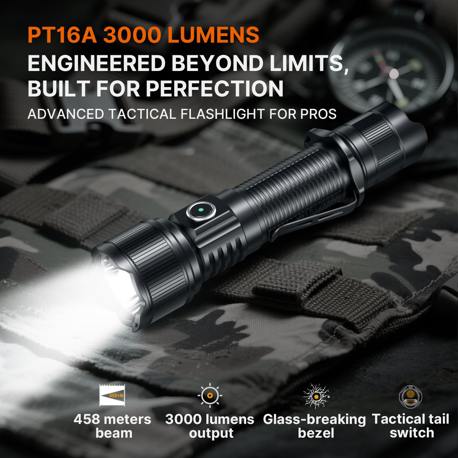 Brinyte PT16A Linterna táctica de 3000 lúmenes, luz estroboscópica LED ultrabrillante, IP68, impermeable, interruptor doble con 6 modos para camping, emergencia, EDC, hogar, exteriores